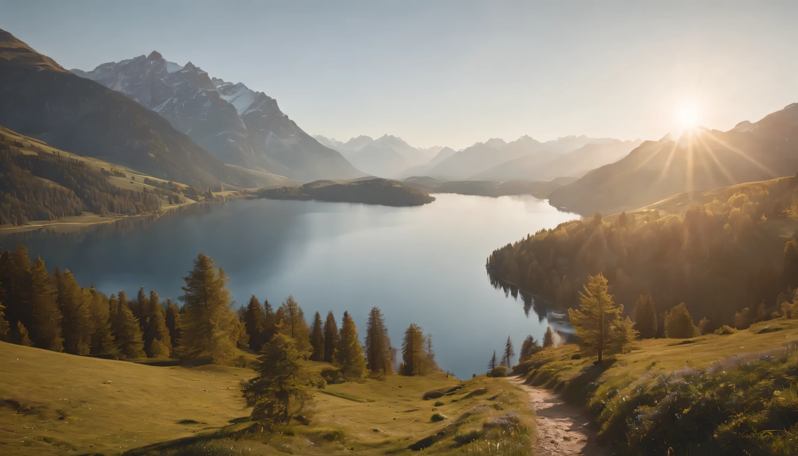 (Highly detailed CG Unity 8k wallpaper、masterpiece、highest quality、Super detailed)、(best lighting、best shadow、very delicate and beautiful)、highest quality、8k、Detailed facial depiction、masterpiece、highest quality、clear image quality、
Bavarian landscape with views of Lake Vogelsang and the Alps。