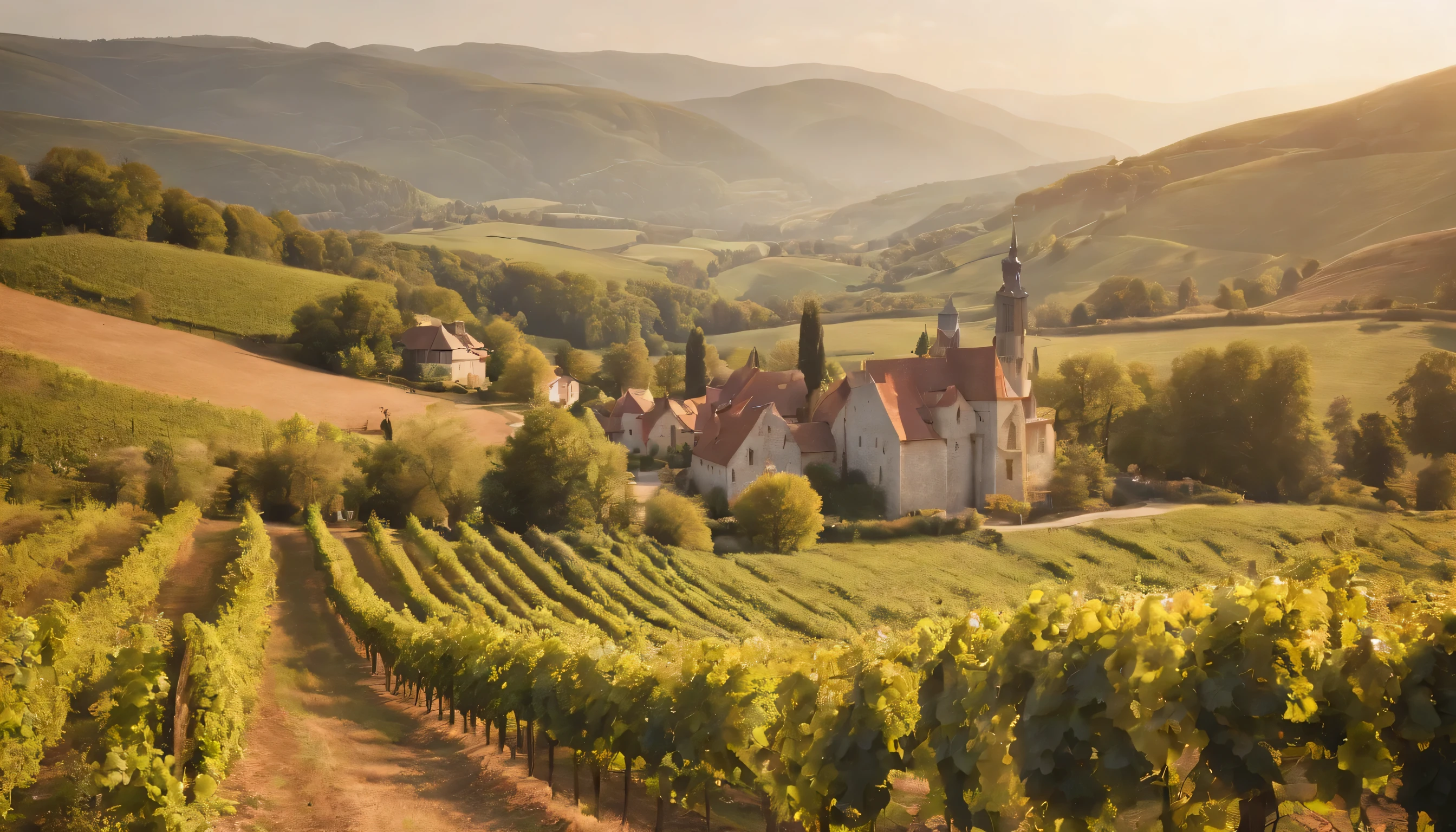 (Highly detailed CG Unity 8k wallpaper、masterpiece、highest quality、Super detailed)、(best lighting、best shadow、very delicate and beautiful)、highest quality、8k、Detailed facial depiction、masterpiece、highest quality、clear image quality、
Views of vineyards and old town in Franconia。