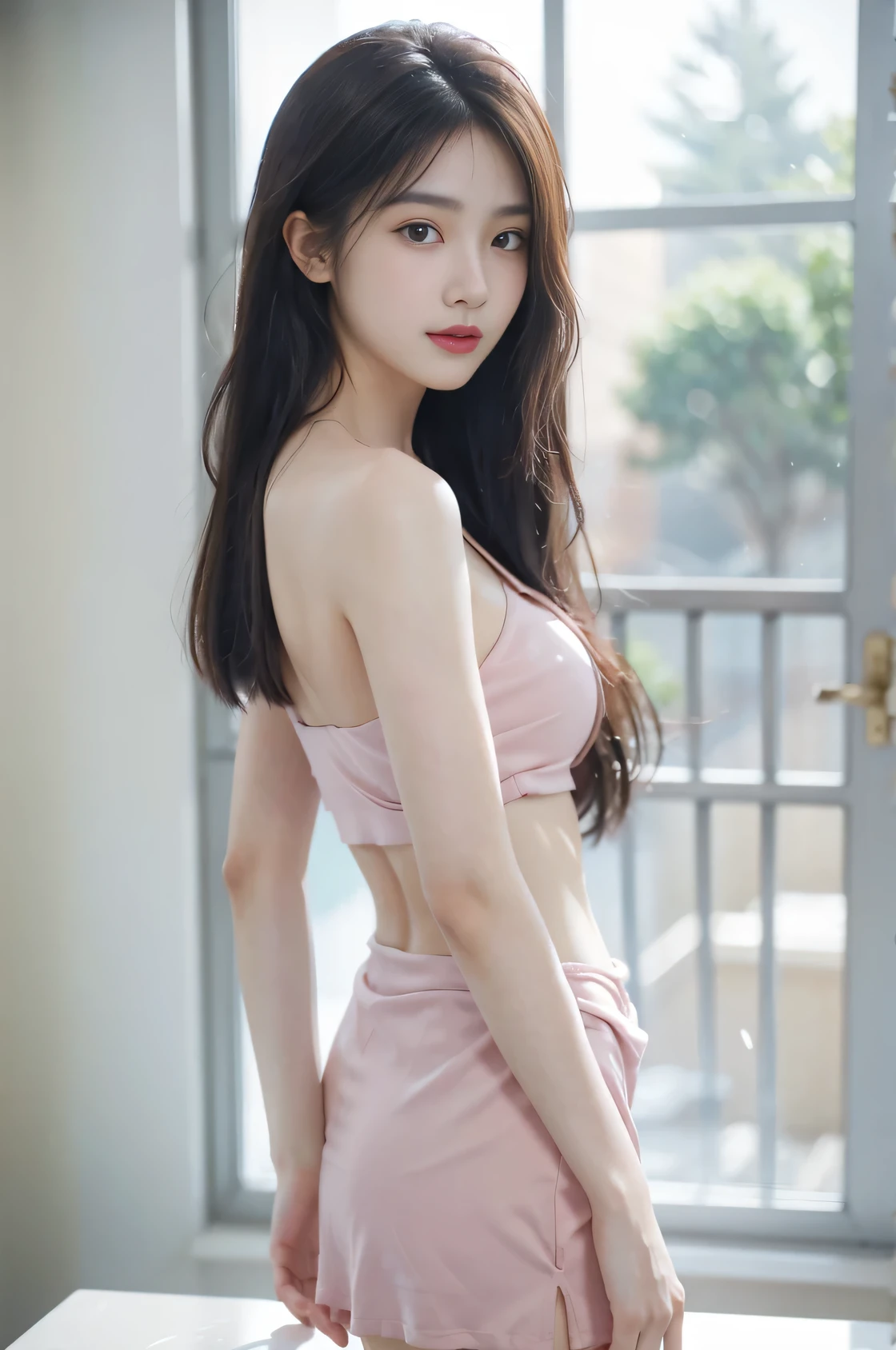 Full body lesbian,in a panoramic view,Alone,(High resolution 8K Raw lifelike,Best quality at best),Fashion trendy beautiful charming woman,gentle and charming Chinese beautiful woman,Korea,K-pop idol,delicate and sexy collarbones,Charming goose egg face,二重まぶた,Skillful[Peach colored lower eyes,red pink lips,small-nose,The focus is on the face,closeup of face,hyper-detailing,Red suit,pink wrap skirt,light red hair,Lace,lacing, fresh and impressive, natural color,forward light,Normal body proportions, Tattooed with,(bigger,sandbeach),breeze in the breeze,sunshine on face,A sweet smile