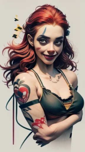 full body portrait、(masterpiece), (highest quality), (Super detailed), (A red-haired woman in her 30s with clown tattoos all over her body..)、small breasts((get a clown tattoo on your chest))、（snake tattoo on arm）、（I have a wolf tattoo on my back）、((yellow and black underwear))、shot from above、full body portrait
