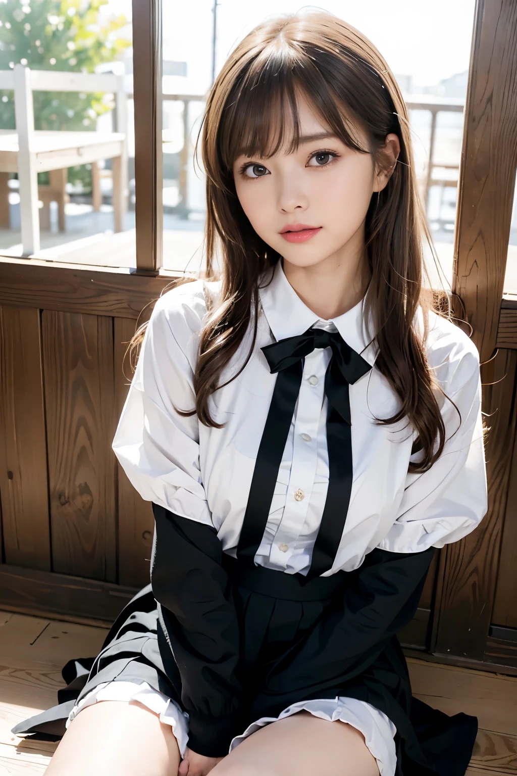 (Raw photo:1.2), (Photottorial,:1.4), a beautiful detailed girl, extremely detailed eye and face, beatiful detailed eyes, Ridiculous, unbelievable Ridiculous, huge filesize, ultra-detailliert, hight resolution, ighly detailed, best qualtiy, masuter piece, , Kemomimi, ((Japan Girls' High School Uniform)),, ighly detailed, UHQ, unification, 8k wallpaper, magnifica, finely detail, masuter piece,, best qualtiy, Highly detailed UHQ uniform 8k wallpaper, Light on the face、movie lighting、16yo girl、((dynamicposes))、(half)、(panthyhose、、、、)、(Sit on your legs with your knees bent))、shorth hair、long neck、Put your ears out、bangss、big eye、Lashes、cute little、a very cute