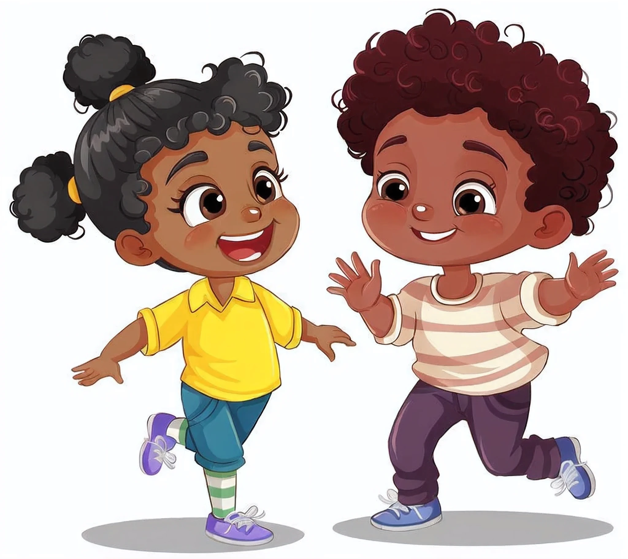 two children running and waving their hands, cartoon style illustration, children illustration, boy and girl, kids book illustration, children's cartoon, cartoon illustration, childrens illustration, children book illustration, illustration for children, dancing with each other, high quality character design, in cartoon style, childrens book illustration, childrenbook illustration, kids playing, by Chinwe Chukwuogo-Roy