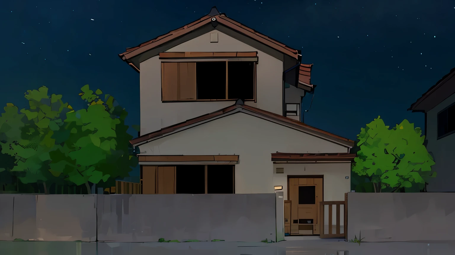 ;une maison avec une clôture et un arbre devant, fond de maison, ;anime du studio Madhouse, une maison, random background scene, la nuit!!, devant une maison à deux étages, maison japonaise, Residential area, maison de gang, complete house, ma maison, maison ikkoku, Night setting, Iwakura Lain, house in the background