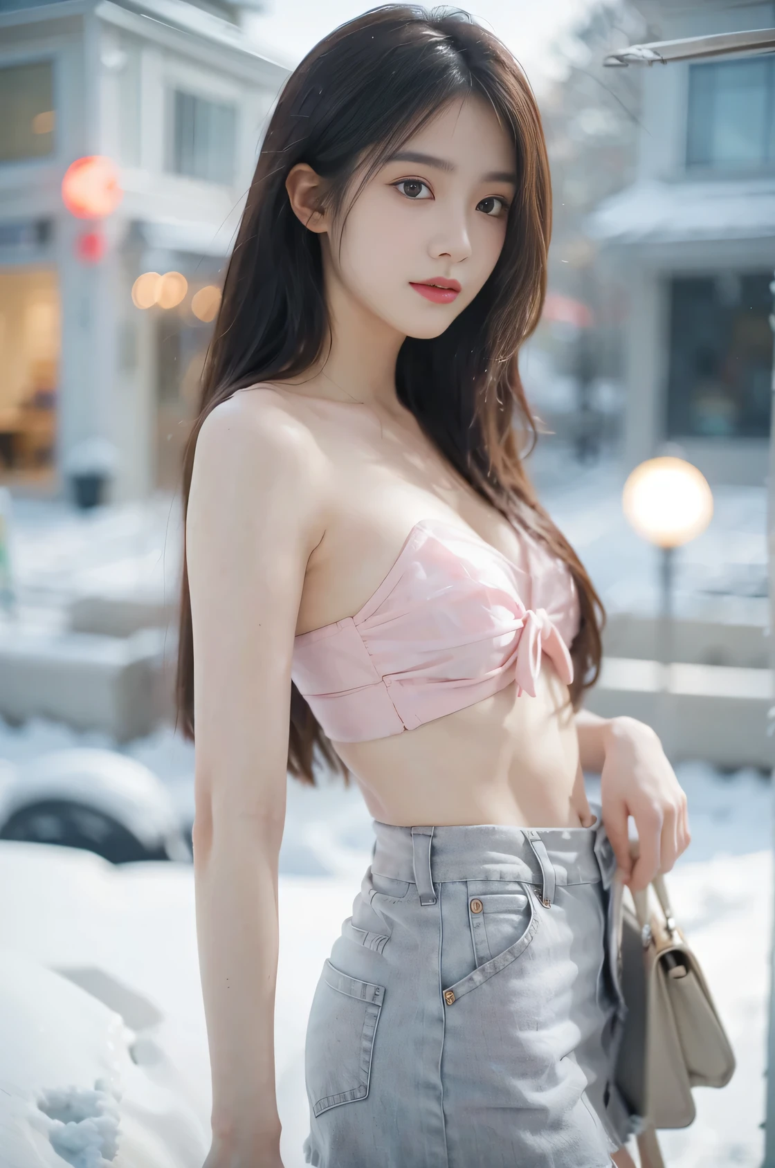best quality,4K,8K,masterpiece、film grain,Perfect composition,ultra high resolution、(actual:1.4)、original photo、1 20 year old girl、Off the shoulders、E cup,Cleavage close-up,dark brown hair,Exquisite makeup,red lips,smile,Perfect body,Shawl straight hair,small head,oval face,big eyes,thigh,slim,emaciated,Girl wearing pink translucent tube top,Tight low-rise miniskirt,gray pantyhose,Perfect hip line,snow scene,winter,Snow Town,view from behind,Japan,perfect face shape,Exquisite facial features,double eyelids,blurry eyes,(Skin texture is extremely delicate1.3),Ultimate light and shadow,Highly detailed face and skin textures,