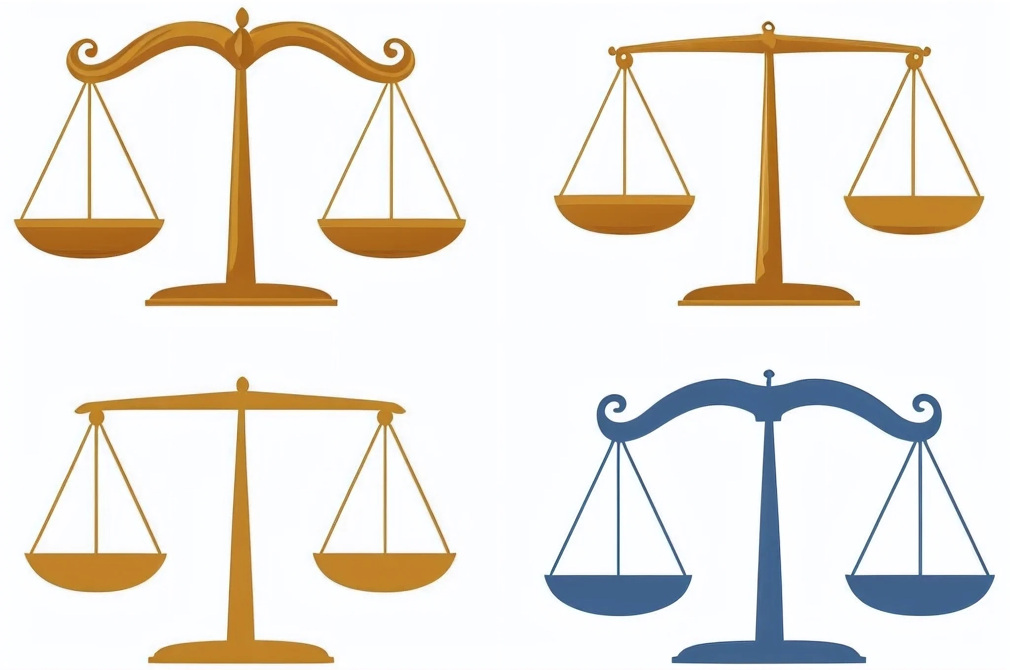 a set of four different scales with a mustache on one of them, scales, libra, libra symbol, metal scales, justice, balances, law aligned, court images, accurate court, simple illustration, zodiac libra sign, symmetric balance, scale, flat color, law - alligned, very large scales, balance composition, variations, no gradients