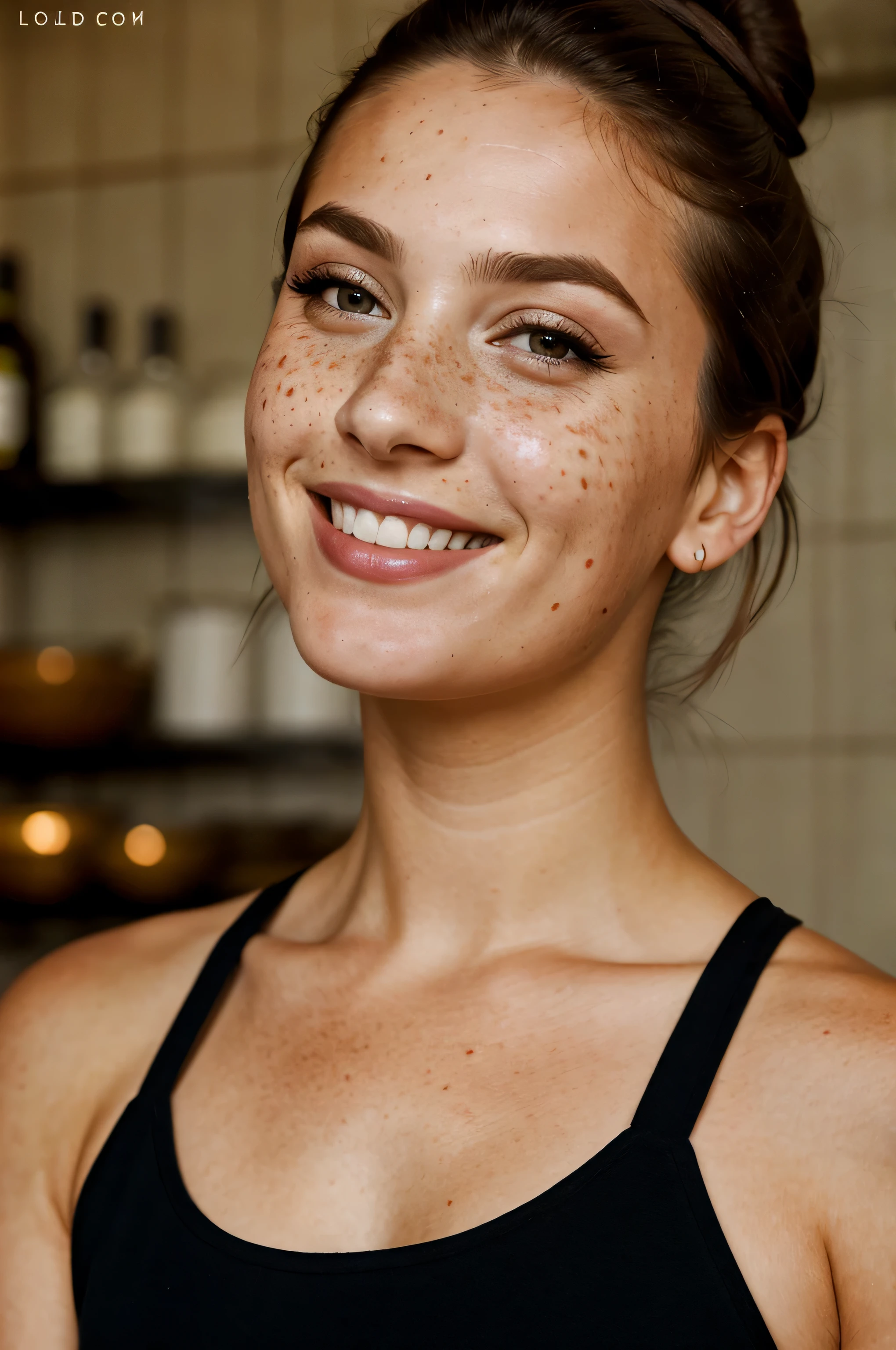 cooking magazine cover, beautiful lady, freckles, big smile, dark makeup, hair in bun, black eye shadow makeup, hyperdetailed photography, looking at camera, soft dim light, head and shoulders portrait, cover, white singlet, dark restaurant setting,