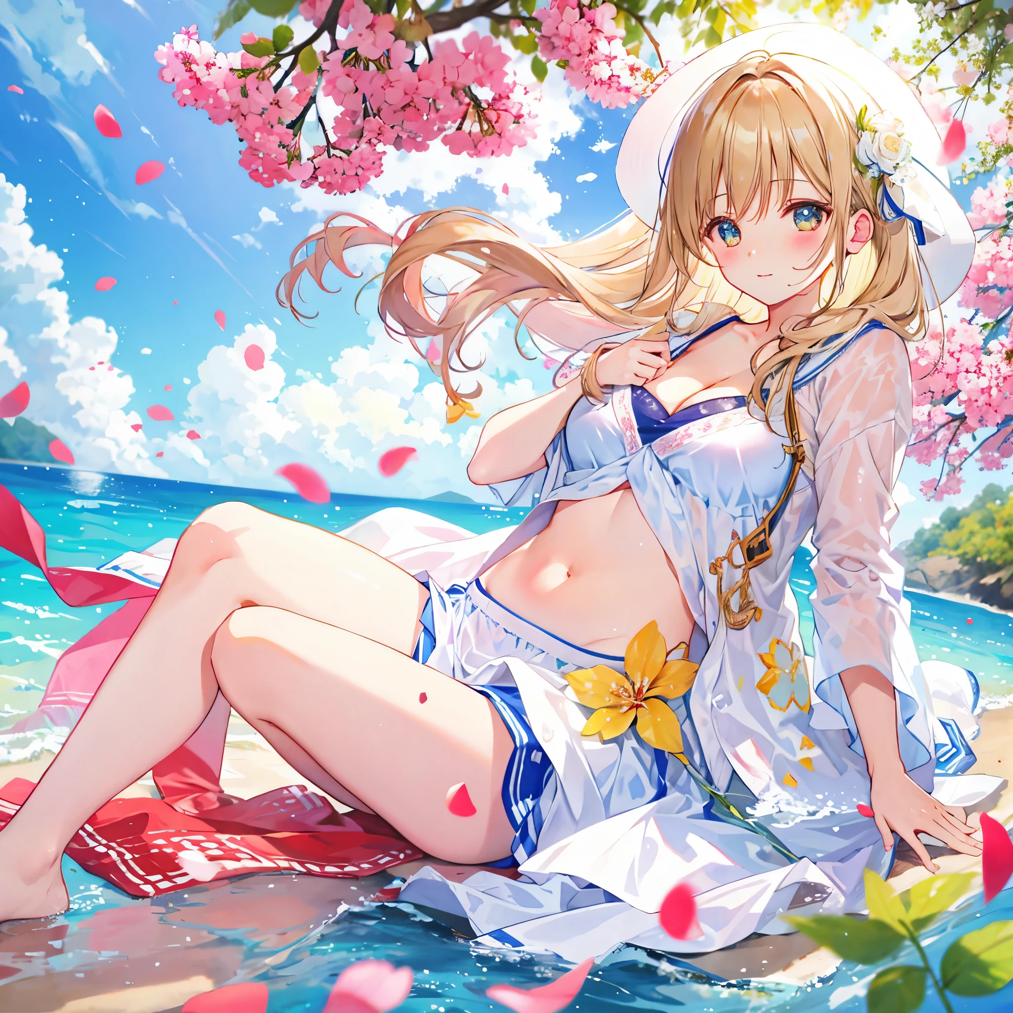 pretty girl, cute, happy, blonde hair, long hair, red eyes, round eyes, summer, picnic