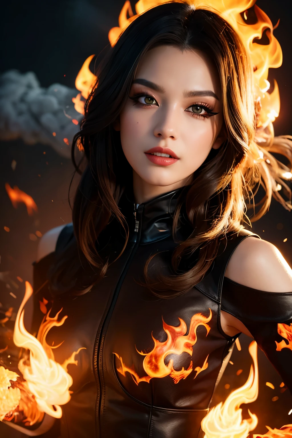 (extremely detailed CG unity 8k wallpaper),(masterpiece), (best quality), (ultra-detailed), (best illustration),(best shadow), (sharp eyeliner, eyeshadow, detailed eyes:1.1), (flames, smoke:1.3), ,BREAK, (vector:1.2), evil smile,  