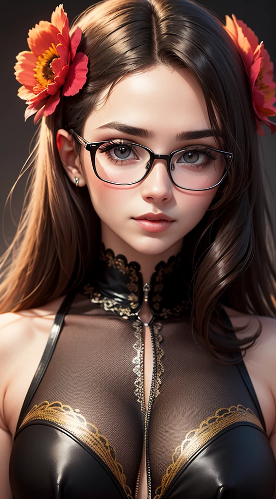create banner with background with red flowers, with realistic female human face with brown to black skin, brown eyes, thick and well-defined eyebrows, upturned nose, from the region of Brazil.
add glasses to face, glasses. modern and elegant frame model in metal or acetate, and can have celebrated colors such as black, brown, red, among others. Lenses can be transparent or have a slight tint. 