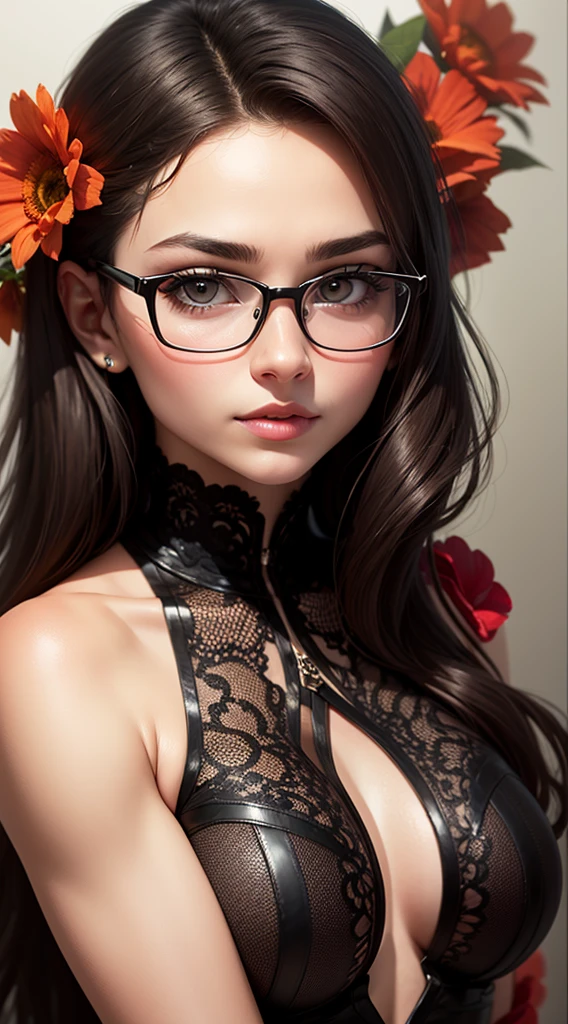 create banner with background with red flowers, with realistic female human face with brown to black skin, brown eyes, thick and well-defined eyebrows, upturned nose, from the region of Brazil.
add glasses to face, glasses. modern and elegant frame model in metal or acetate, and can have celebrated colors such as black, brown, red, among others. Lenses can be transparent or have a slight tint.