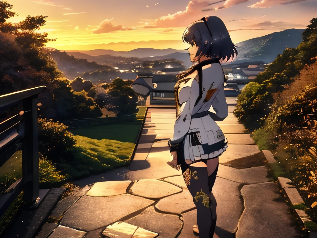 Yagyuu Gisen, Girl standing on stairs from hill during sunset. Dusk, warm light, melancholy entourage, thick thighs, contemplative facial expression, rear side view, European landscape, clearly visible person, pattern print legwear, unusual stockings, light illuminates person