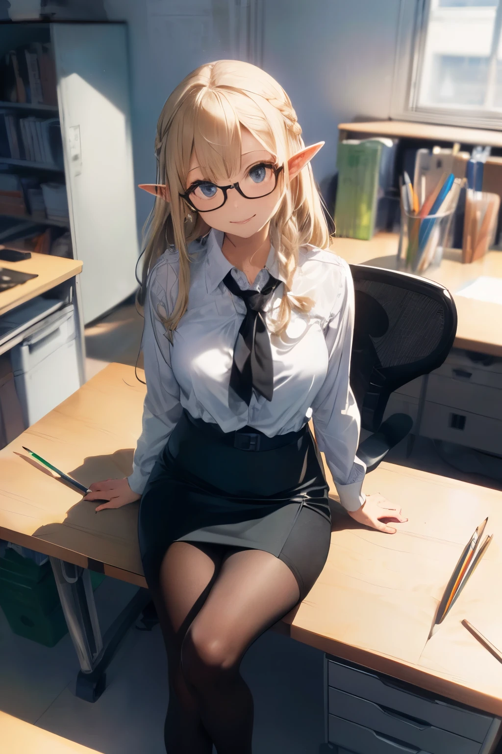 (((Masterpiece, highest quality, precision, ultra-detail)))), ((Modern)), ((Elf OL))))), ((((Elf ears))), break, ((White blouse)), break, ((Black pencil skirt)))), break, ((Black tights))))), (Blonde long braid hair), (Big shining green eyes)))), ((Big)), (((Design office) ), ((PC on a stylish office desk)), ((((sits in a black office chair and turns around))), smiles, ((glasses)))), (tilts head)))), breeze, (((tight forcus))), dynamic angle, from above