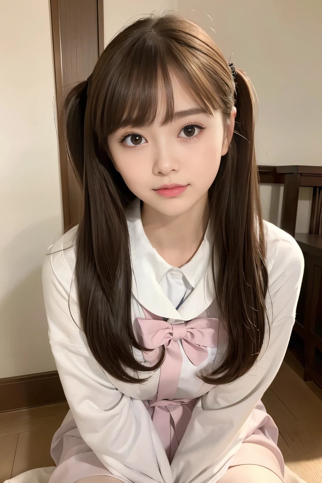 (Raw photo:1.2), (Photottorial,:1.4), a beautiful detailed girl, extremely detailed eye and face, beatiful detailed eyes, Ridiculous, unbelievable Ridiculous, huge filesize, ultra-detailliert, hight resolution, ighly detailed, best qualtiy, masuter piece, , Kemomimi, ((Japan Girls' High School Uniform)),, ighly detailed, UHQ, unification, 8k wallpaper, magnifica, finely detail, masuter piece,, best qualtiy, Highly detailed UHQ uniform 8k wallpaper, Light on the face、movie lighting、16yo girl、((dynamicposes))、(half)、(panthyhose、、、、)、(Sit on your legs with your knees bent))、shorth hair、long neck、Put your ears out、bangss、big eye、Lashes、cute little、a very cute