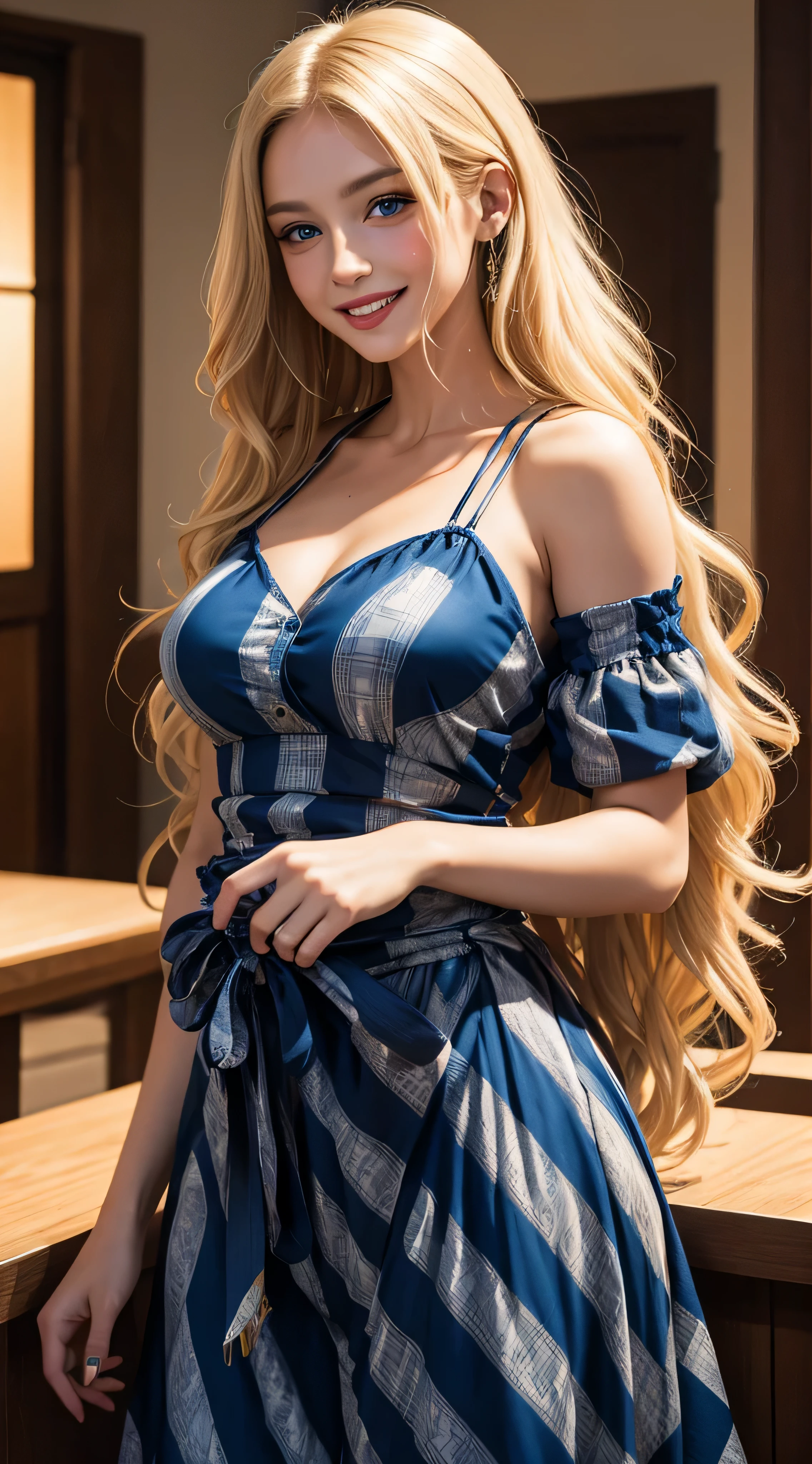 a young blonde with blue eyes and long wavy hair down to her waist, Intricate and bold checkered print dress, ela esta sorrindo, she is showing her teeth, she's in a square, Cena noturna, melhor qualidade, obra-prima, 8k, cinematic lighthing, trabalho premiado.