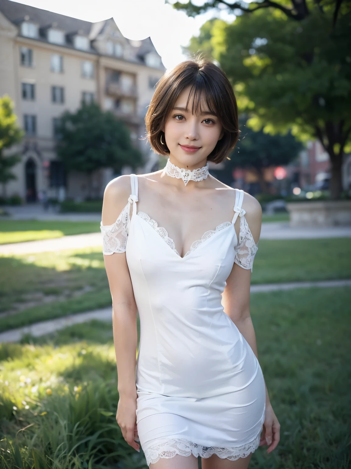 ((of the highest quality, 8K, masutepiece: 1.3, Raw photo)), Sharp Focus: 1.2, (1 AESPA Girl :1.1), Solo, (Realistic, Photorealistic: 1.37), (Face Focus: 1.1), Cute face, hyperdetailed face, night light, short messy hair, Small Smile, slender, nude, (business suit like Off-the-shoulder chiffon dress, skirt: 1.3), sitting, spread legs, night office room, flower, dahlia