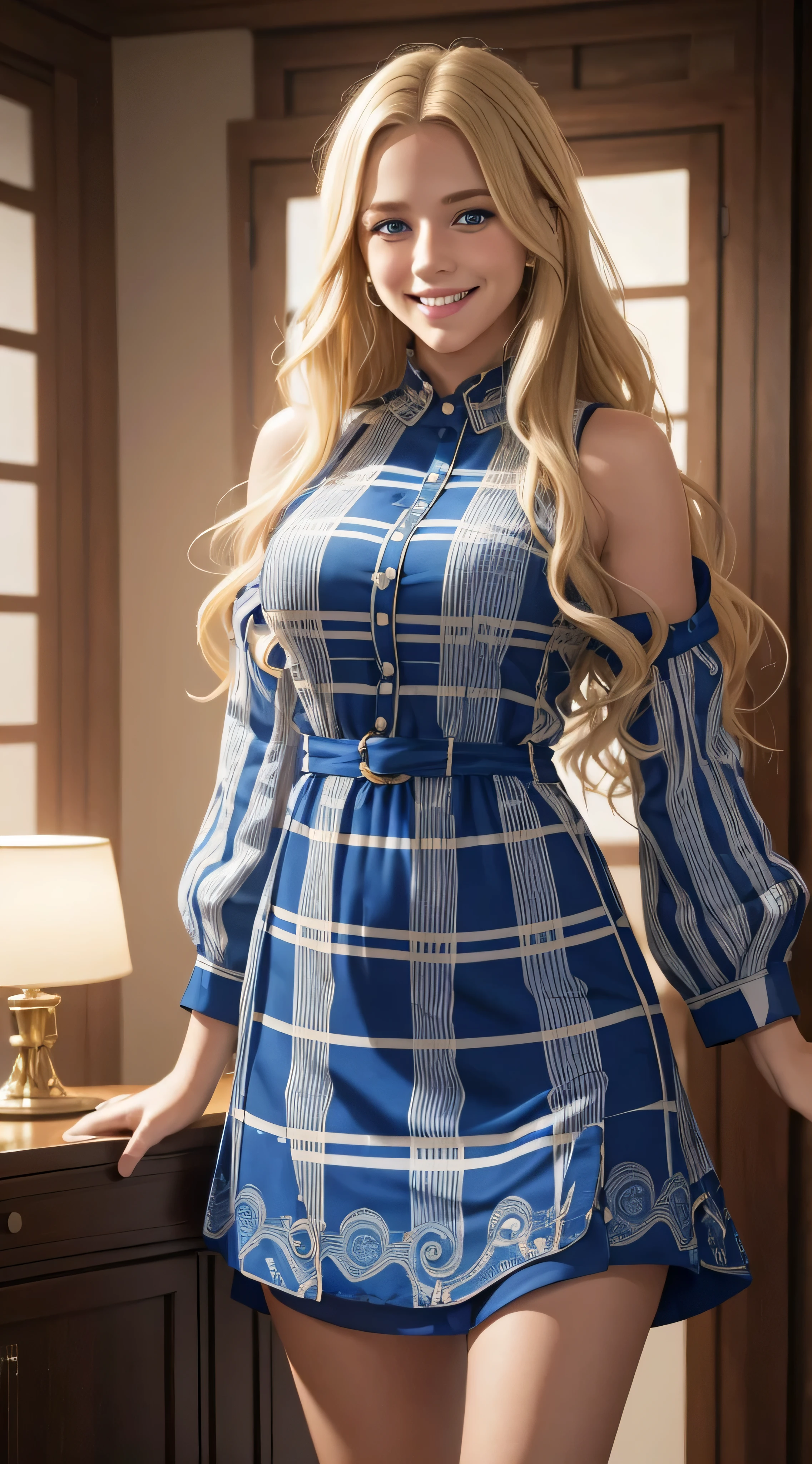 a young blonde with blue eyes and long wavy hair down to her waist, Intricate and bold checkered print dress, ela esta sorrindo, she is showing her teeth, she's in a square, Cena noturna, melhor qualidade, obra-prima, 8k, cinematic lighthing, trabalho premiado.