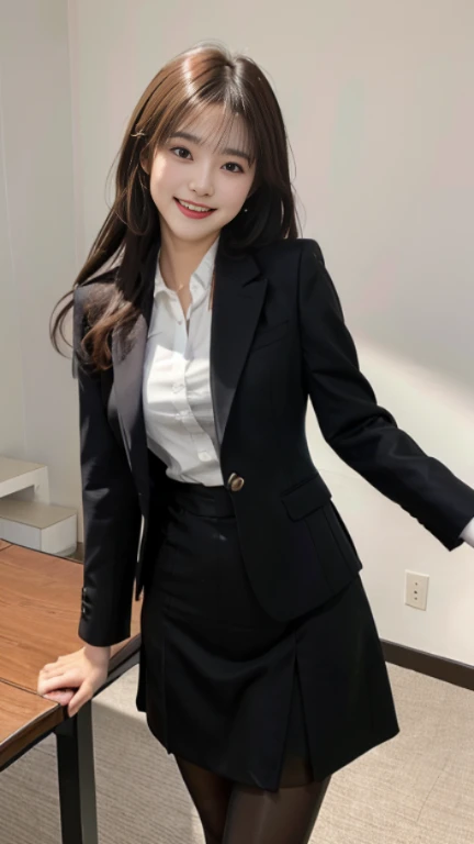table top, highest quality, figure, super detailed, finely, High resolution, 8k wallpaper,long hair、 Perfect slender figure, beautiful and fine eyes,tailored business suit, long tight skirt:1.4,coral lip,naughty smile、18 year old girl,Wearing black pantyhose、high heels、