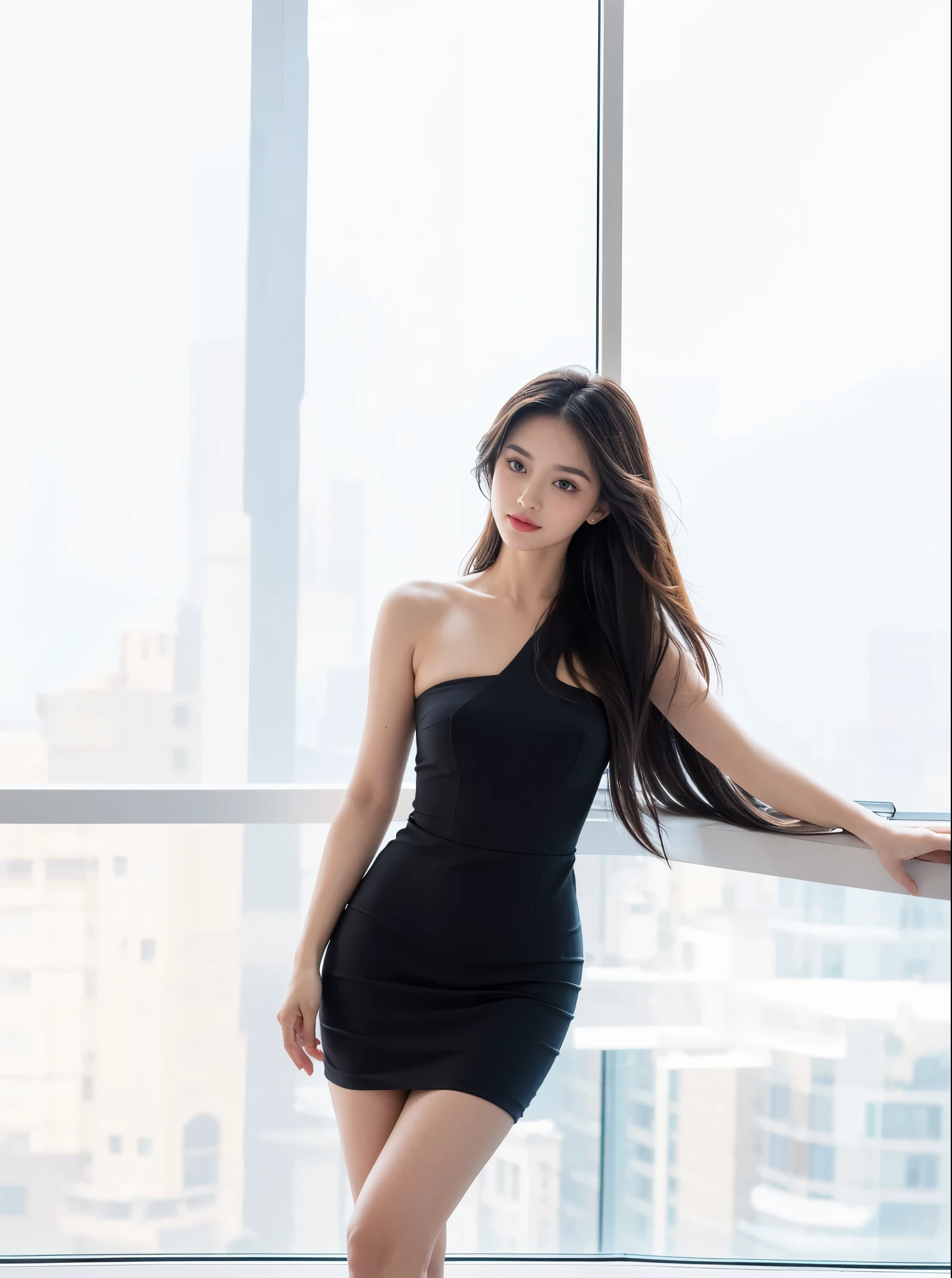 (a girl:1.1)Standing by the window of a (luxurious,breathtaking,panoramic)hotel room, overlooking the (majestic,stunning,vibrant)cityscape. The window provides a clear view of the bustling city below, with (tall skyscrapers:1.1) reaching towards the sky and lights twinkling like stars. The (spacious,elegantly decorated) room is (sunlit,flooded with natural light) from the (floor-to-ceiling:1.1) windows, emphasizing the (modern,sophisticated) design.

Outside the window, a (colorful,bustling) city unfolds. The streets are filled with (energetic,crowds of people) going about their daily lives. (Vibrant,illuminated) billboards dot the cityscape, casting a dazzling array of colors onto the surrounding buildings. The (sleek,modern) architecture of the skyscrapers stands in stark contrast to the historical landmarks scattered throughout the city.

The girl standing by the window is (captivated,enraptured) by the view. Her (sparkling,bright) eyes reflect the city lights, and a sense of wonder fills her heart. She is (dressed:0.9) in a (stylish,elegant) outfit that complements the luxurious ambiance of the hotel. Her (flowing,elegant) hair gently sways in the breeze as she takes in the breathtaking scene before her.

The hotel room itself is adorned with (contemporary art:1.1), adding a touch of creativity to the space. The walls are adorned with (modern,pop art) paintings, creating a vibrant and playful atmosphere. The furnishings are (comfy:0.9) and (stylish), providing the perfect setting for relaxation and contemplation.

The cityscape is bathed in the warm hues of the setting sun, casting a golden glow over the entire scene. The (soft,warm) light creates a serene and inviting atmosphere, inviting the girl to lose herself in the beauty of the moment. The (city sounds:1.1) drift faintly into the room, adding to the sense of immersion in the vibrant city below.

In this (masterpiece:1.2) of a prompt, the girl standing by the window becomes the focal point, embodying a sen
