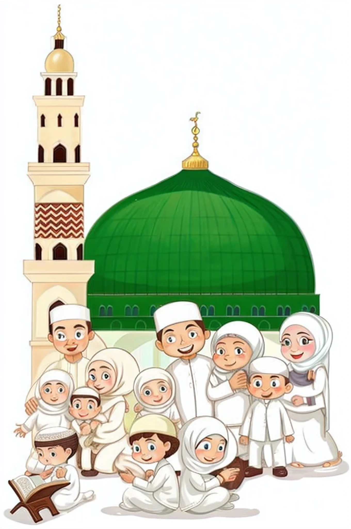 muslim family in front of the mosque, he is in a mosque, with beautiful mosques, mosque, muslim, clipart, happy family, shutterstock, a group of people, the masjid al-haram in mecca, islamic, cartoon image, inspired by Sheikh Hamdullah, detailed vector, sufism, by Sheikh Hamdullah, white bg, in a scenic background