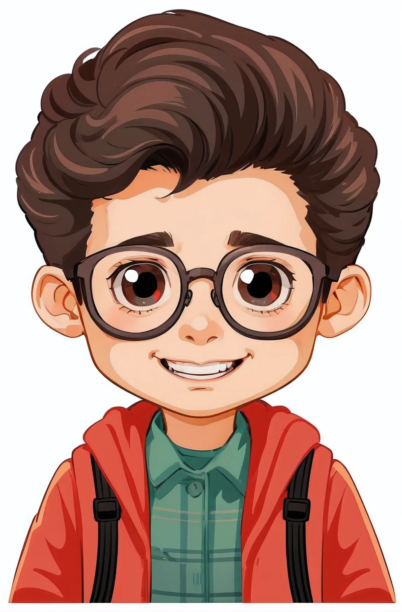 a boy wearing glasses and a red jacket, cartoon portrait, cartoon style illustration, high quality portrait, in cartoon style, cartoon artstyle, cute cartoon character, nerdy man character portrait, boy with neutral face, nerd emoji, cartoon art style, cartoon illustration, character portrait of me, portait photo profile picture, cartoon character, avatar for website, digital character illustration