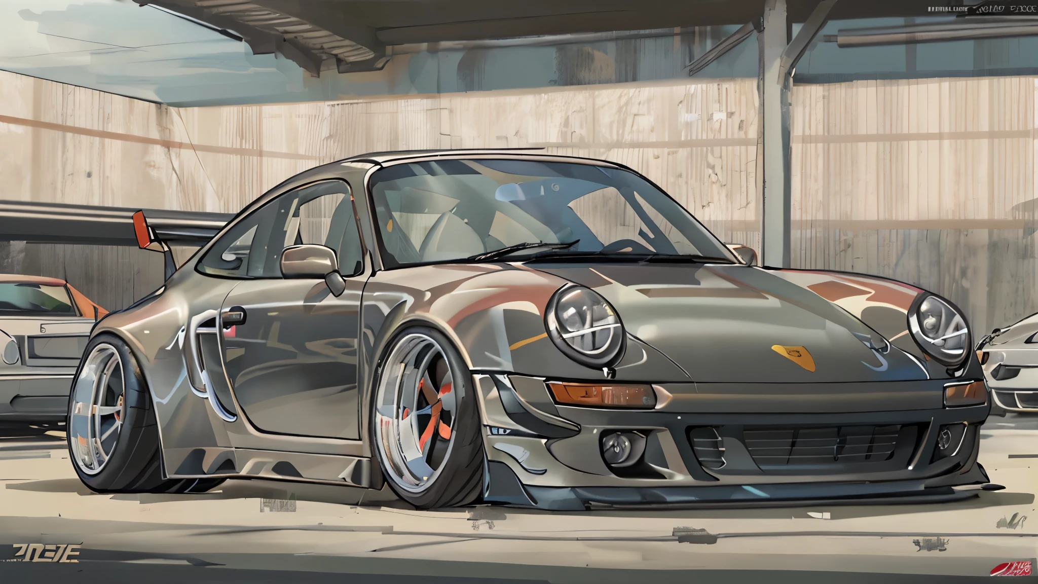 
Porsche 911 rwb, wide body, sketch, 
cartoonish, comic strip, Chip Foose car rendering, chrome wheels, bagged, slammed to the ground, empty parkinglot, style dessin manga, couleur