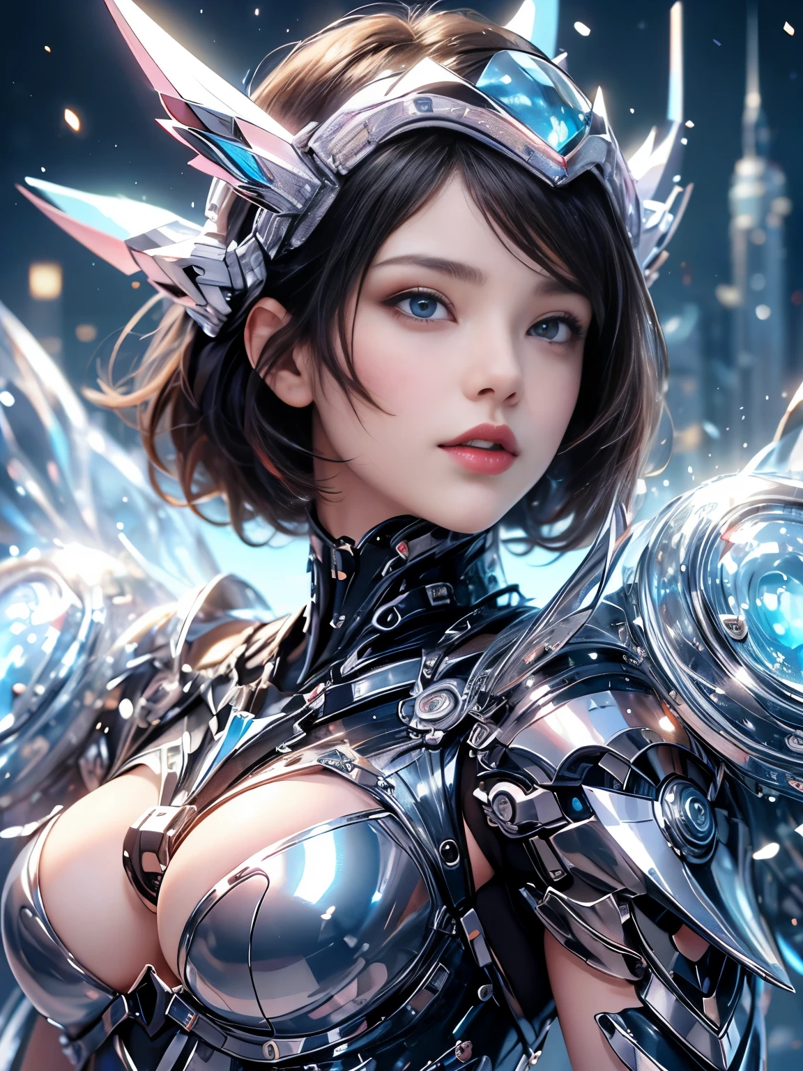 best image quality, excellent details, ultra high resolution, (realism: 1.4), best illustrations, Favor details, condensed 1girl, With a delicate and beautiful face, Dressed in a blue and silver mecha, wearing a mechanical full face-helmet, (upper body),(beautiful face and eyes),(short hair and black hair and brown eyes),double eyelid,delicate skin,slender body shape,alone,big breasts,The background is a high-tech lighting scene of a futuristic city.
