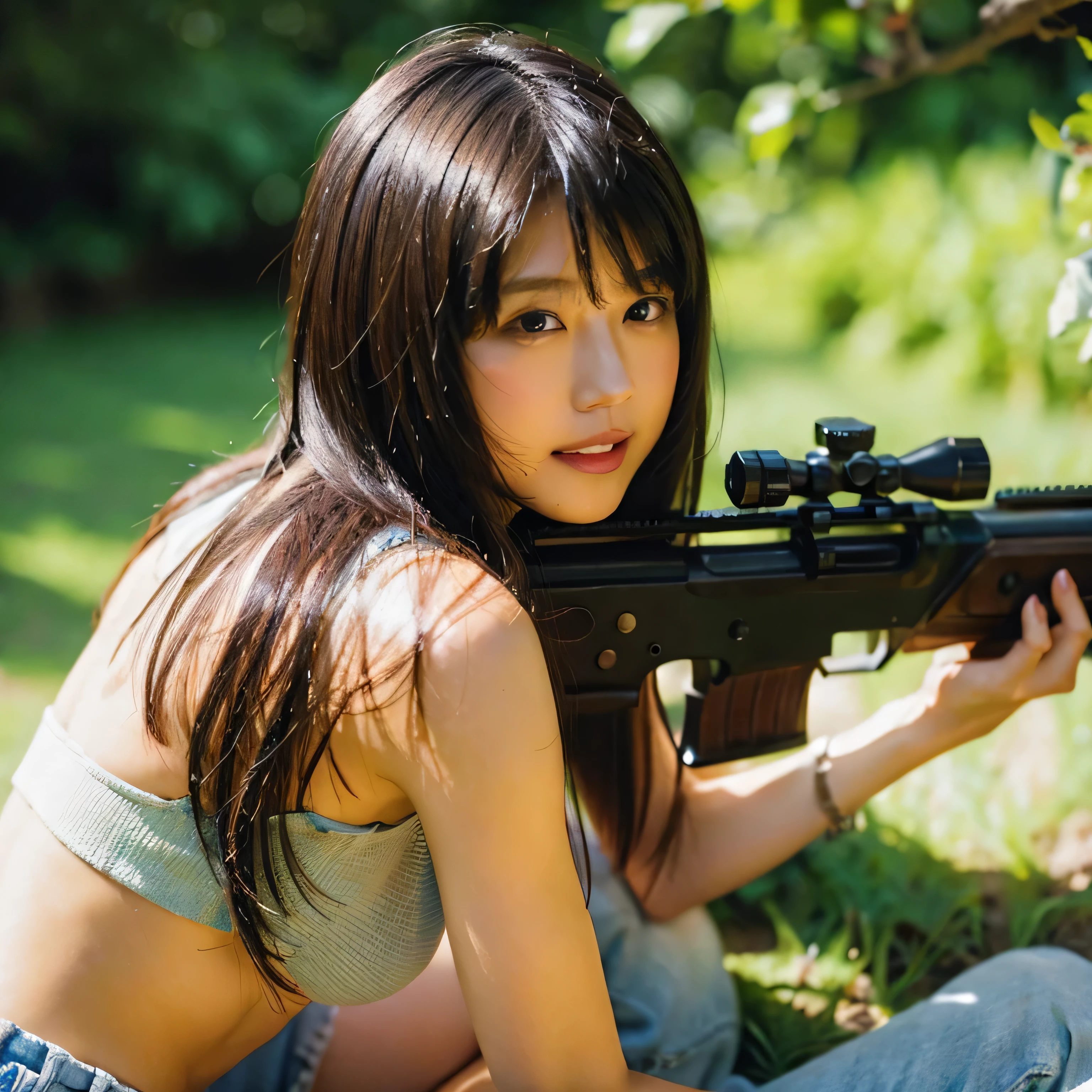 identical twin sisters、realistic、realistic skin texture、automatic rifle、tattoo