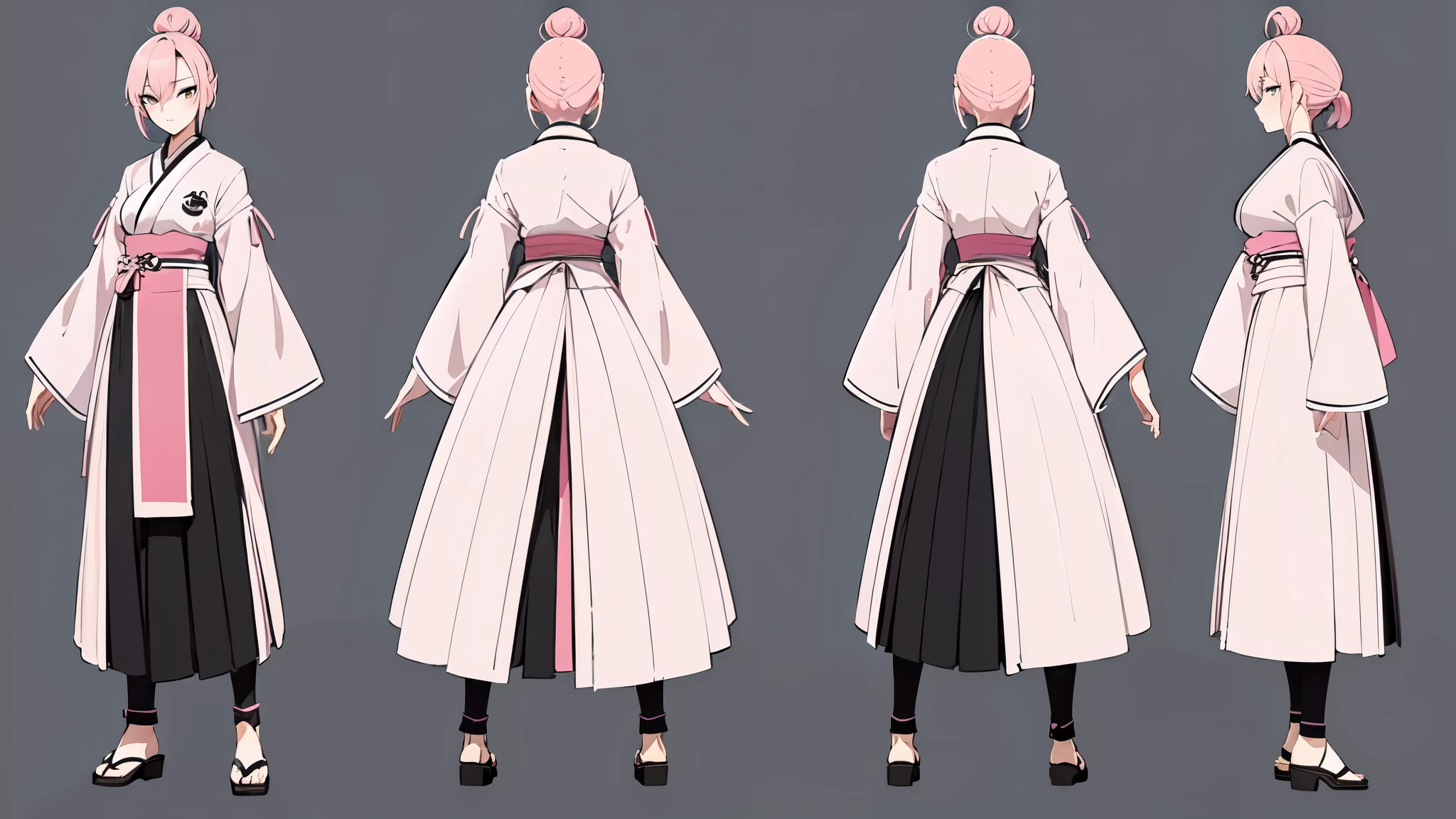 (2D character design), character sheet,20 years-old, Female, Pink Hair, Waist-length, Japanese-inspired Attire, (generate three-view-sides), (firstly the front view), (secondly the left view), (thirdly the back view), full body, anime style, white sheet, textured skin, accurate, anatomically correct, high quality