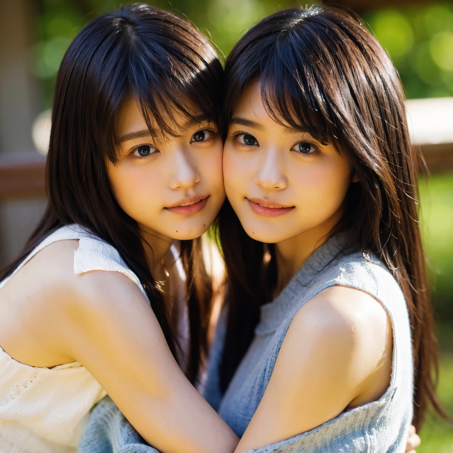 identical twin sisters、realistic、realistic skin texture、automatic rifle、tattoo