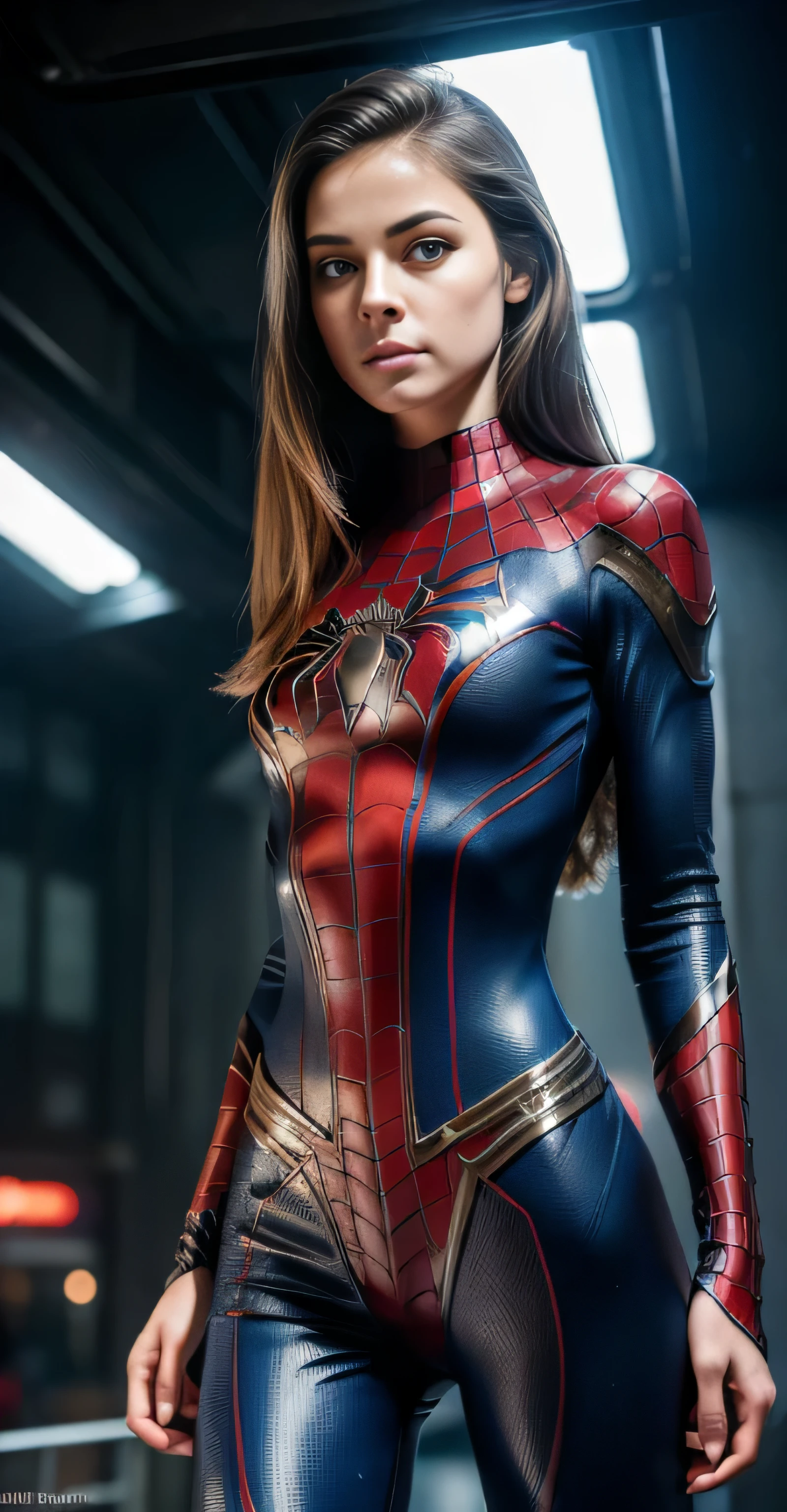 ((masterpiece, 8K, 3D, Realistic, Super Detail)), (1girl:1.3), slender , Ultra Micro photography, Super realistic, Perfect face, Beautiful features, ((Perfect female body)) Beautiful features, ( body), ((small hip)), Melissa Benoist as 2 piece Spiderman Suit ((Exposed thigh)), Exposed Skin, Front Full body Shot, full body portrait, futuristic city background