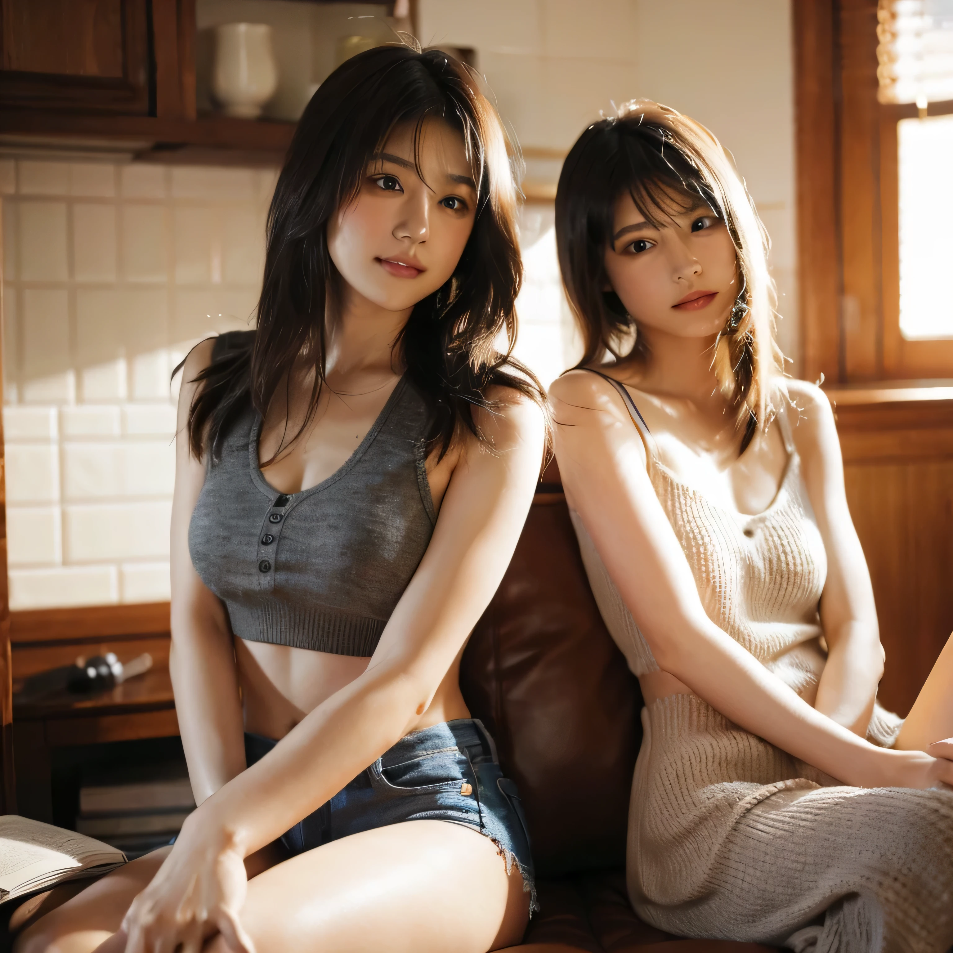 identical twin sisters、realistic、realistic skin texture、automatic rifle、tattoo
