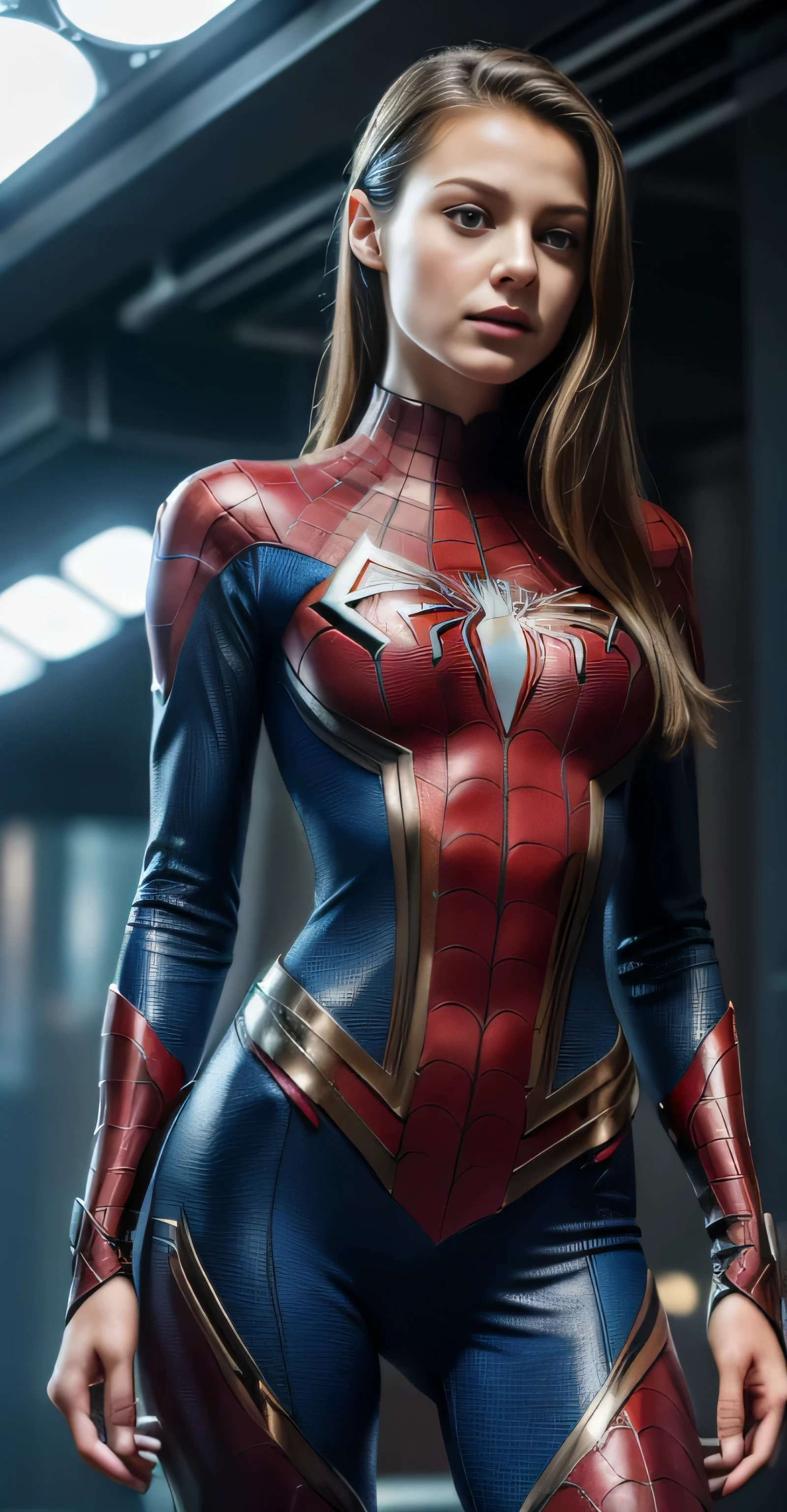 ((masterpiece, 8K, 3D, Realistic, Super Detail)), (1girl:1.3), slender 17 age, Ultra Micro photography, Super realistic, Perfect face, Beautiful features, ((Perfect female body)) Beautiful features, ( body), ((small hip)), Melissa Benoist as 2 piece Spiderman Suit ((Exposed thigh)), Exposed Skin, Front Full body Shot, full body portrait, futuristic city background
