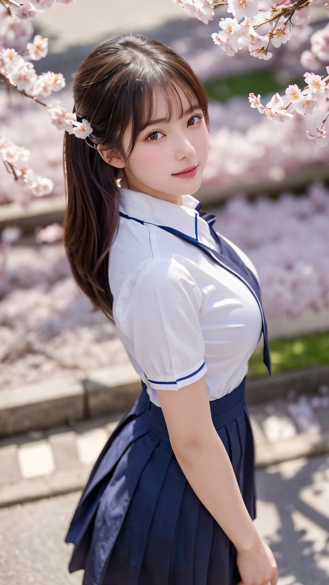 (highest quality,masterpiece:1.3,ultra high resolution),(Super detailed,caustics,8k),(photorealistic:1.4,RAW shooting),1 girl,(笑顔でcherry blossomsを見上げる),(front shot:1.1),18-year-old,cute,Japanese,black short ponytail,school uniform,glamorous,(big boobs),( close up),(breast focus),street,cherry blossoms,sunshine,Natural light,(Backlight),(A bright light shines from behind),(Lens flare),professional writing,(cowboy shot),(bird&#39;s eye view:1.3),(high position:1.4),(high angle:1.4)