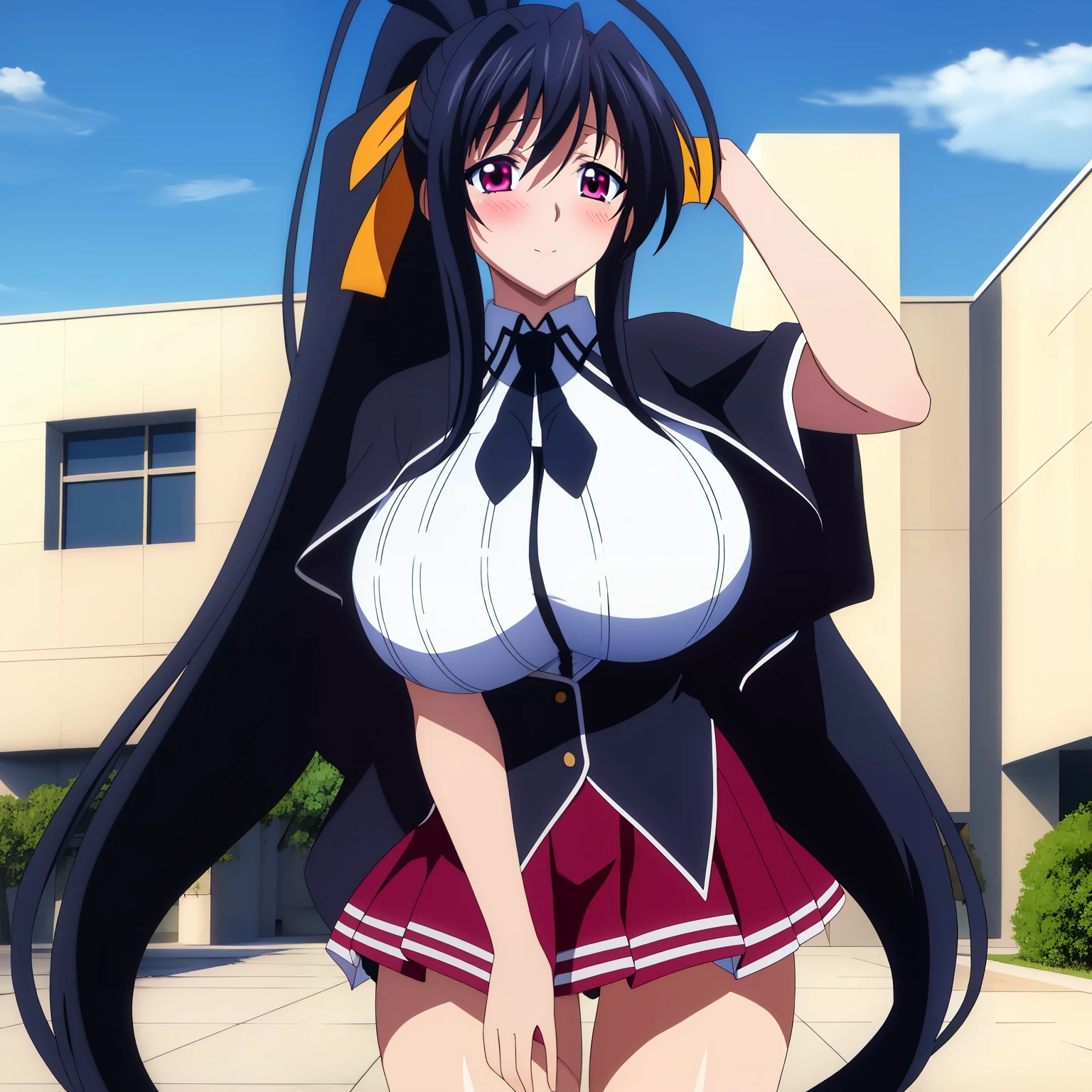 (day), in the school,blue sky with clouds, Black_cape,Black neckwear,white shirt,short_sleeves, sailor_collar,Red pleated skirt,school uniform, (huge breasts), blush, embarrassed, black hair, pink eyes, Very Long Hair,hair_between_eyes,ponytail,Yellow_hair_ribbon,1 girl, 20yo,Young female,Beautiful Finger,Beautiful long legs,Beautiful body,Beautiful Nose,Beautiful character design, perfect eyes, perfect face,expressive eyes best quality, masterpiece, ultra detailed, absurdres, absolutely resolution