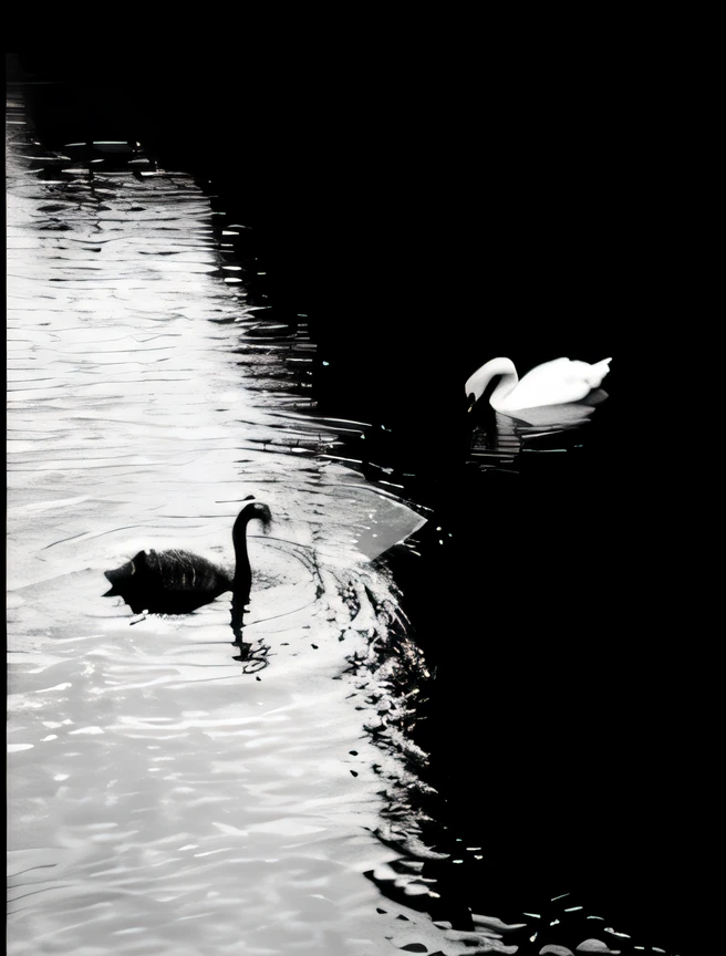 there are two swans swimming in the water together, swans, blanco y negro, swan, black and white), black & white, black-and-white, black swans, high contrast black and white, monochrome contrast bw, in black and white, monochrome:-2, black and white monochrome, fotografia blanco y negro, dark and white, white on black