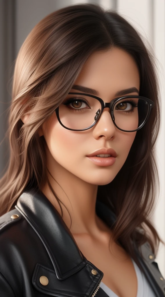 A closeup of a woman wearing glasses and a leather jacket, retrato Artgerm, Epic portrait illustration, Artgerm. High detail, in illustration style digital, Estilo de Charlie Bowater, girl with glasses, estilo Artgerm, retrato detalhado do caractere, retrato de personagem de closeup, em estilo de Artgerm, retrato da arte do personagem