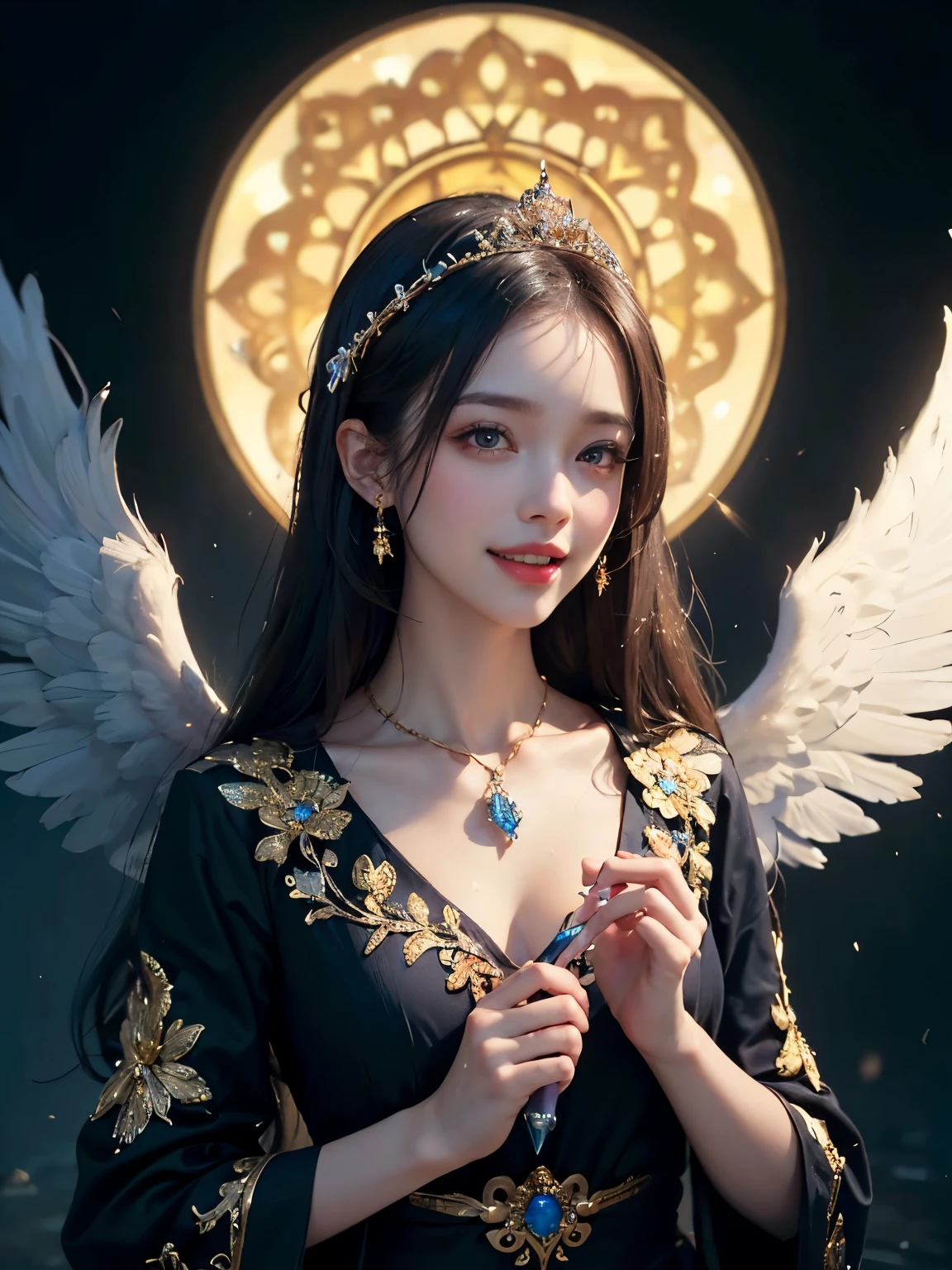 1 girl, (witchcore, magic, pagan, Mysterious, nature, occult) , Angel, spell magic, magic circle, ((Magic in your handasterpiece, highest quality:1.4),(disorganized, High resolution, super detailed:1.2),(using the magic of light:1.4),water magic, imaginative overlays, artistic fusion,fantastic scene, exciting story, impressive visuals, Upper body ，(((highest quality))),(((super detailed))),(((masterpiece)))、white wings、smile、laughing、the background is shining、Gold tiara