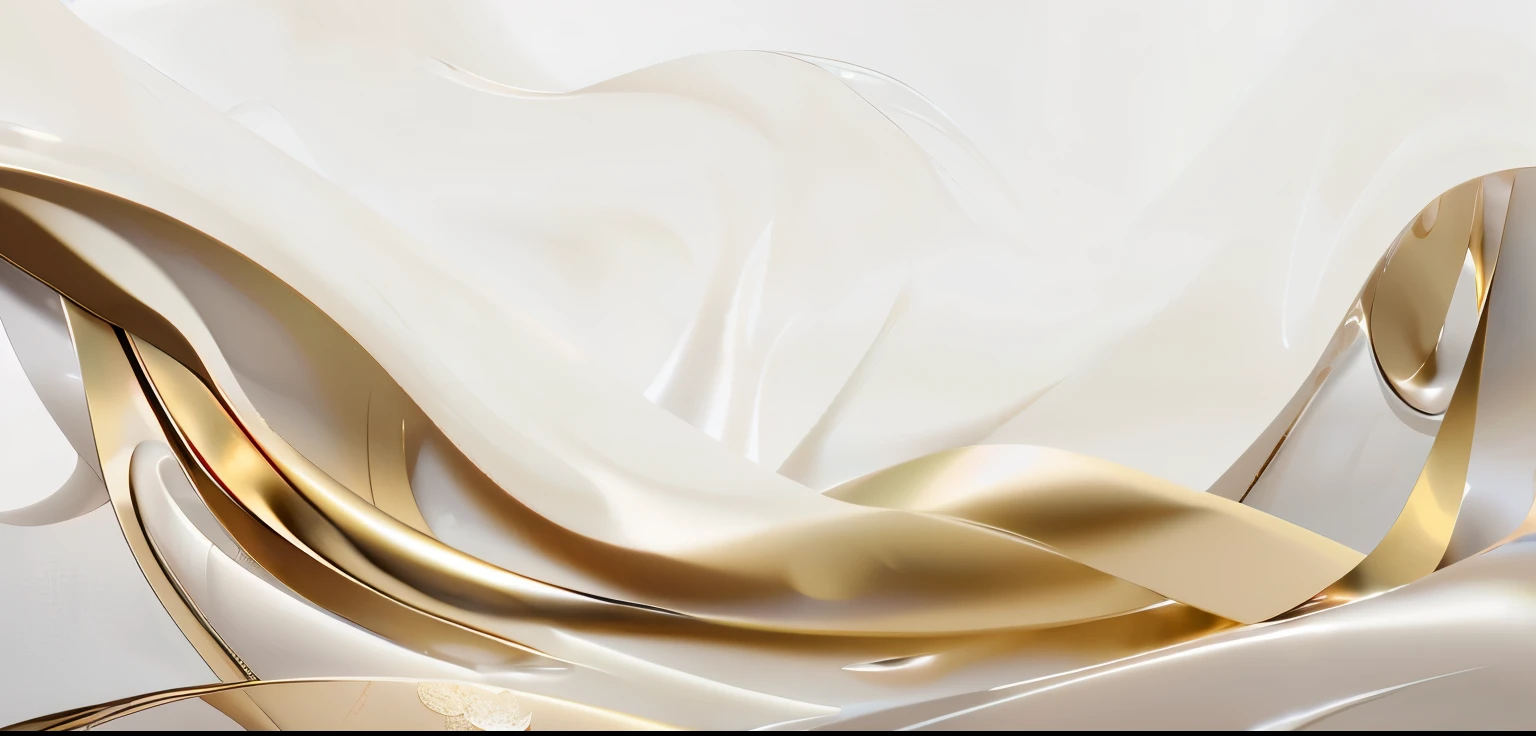 a close up of a gold and white abstract background with a wave, gold and white, silver white and gold, gold silk, golden curve composition, golden smooth material, white and gold, golden and silver colors, gold and silver shapes, golden curve structure, white and gold color scheme, draped in shiny gold and silver, interacte smooth flowing lines浅白色和浅琥珀色的半透明液滴,Rendered in Houdini tracking style。Minimalist composition,The main color is white,Highlight joints and connections。The design incorporates smooth curves。The edges are well defined。