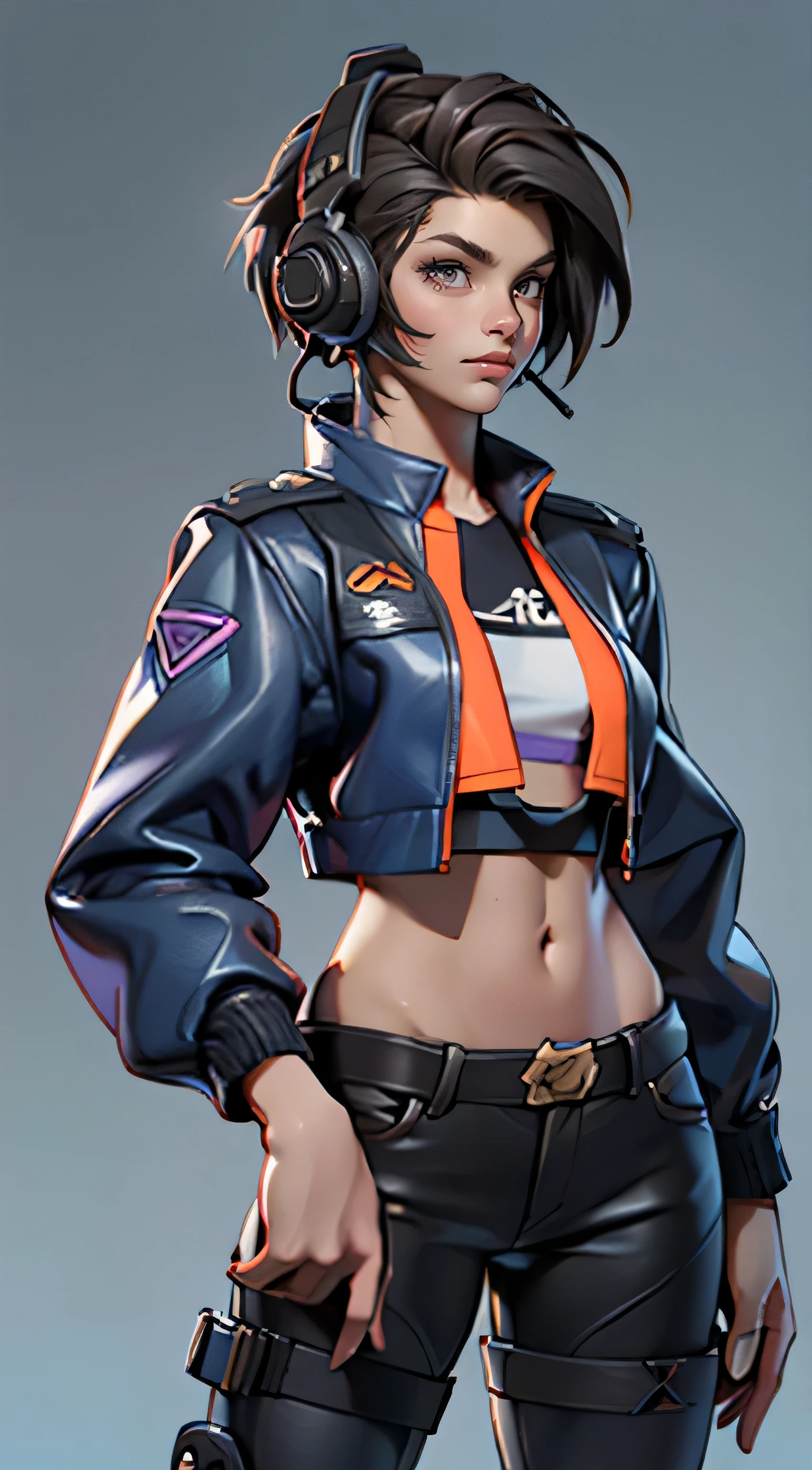 11:23(((best quality: 1.4))),(Unparalleled masterpiece), (ultra high definition),(Hyper-realistic 8K CG)、(one hand action),(dark hair),Headphone equipment,(girl), ((( Body))), (((1 girl in))), 25-year-old American soldier with perfect Body,,Beautiful and well groomed face,muscular Body:1.2,Solid color jeweled jacket with details, (Pictures from head to thighs), Complex equipment, Purple,trousers,The clothes inside are orange and blue,Clothes with armored metal electronic parts, poison tattoo )