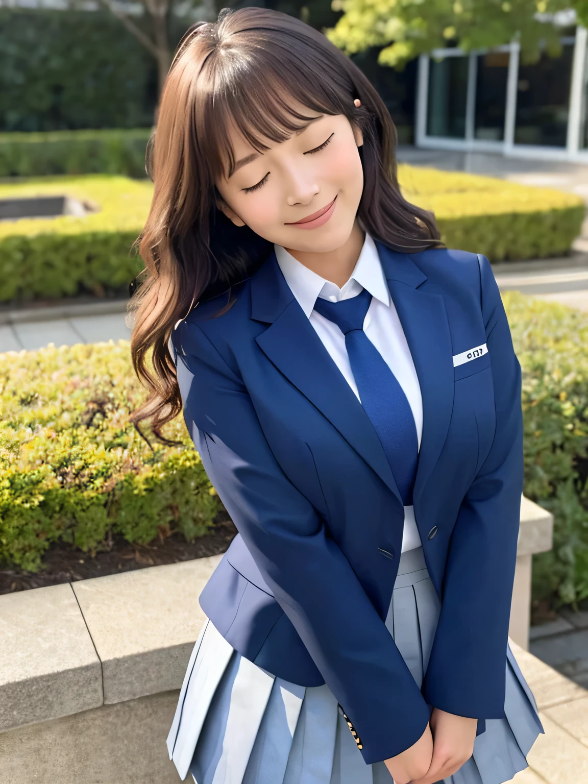 8k, highest quality, real image, intricate details, Super detailed, ultra high resolution, depth field,(realistic,realistic:1.2), from the middle, 1 Japanese girl, very beautiful 17 year old girl, Big eyes, beautiful breasts:1.5、highly detailed eyes:1.2), (beautiful breasts:1.1), (small breasts:1.5), wavy hair、curly hair、bangs, perfect skin, Fair skin, huge hips, thick thighs, thick legs, cleavage, tight waist, light blush, alone, looking at the viewer, (smile:1.4), ((School_uniform),(dark blue blazer), (white shirt、wear a tie), (gray pleated skirt), (sculpture installation :1.1), break (closed my eyes:1.1), (open mouth)