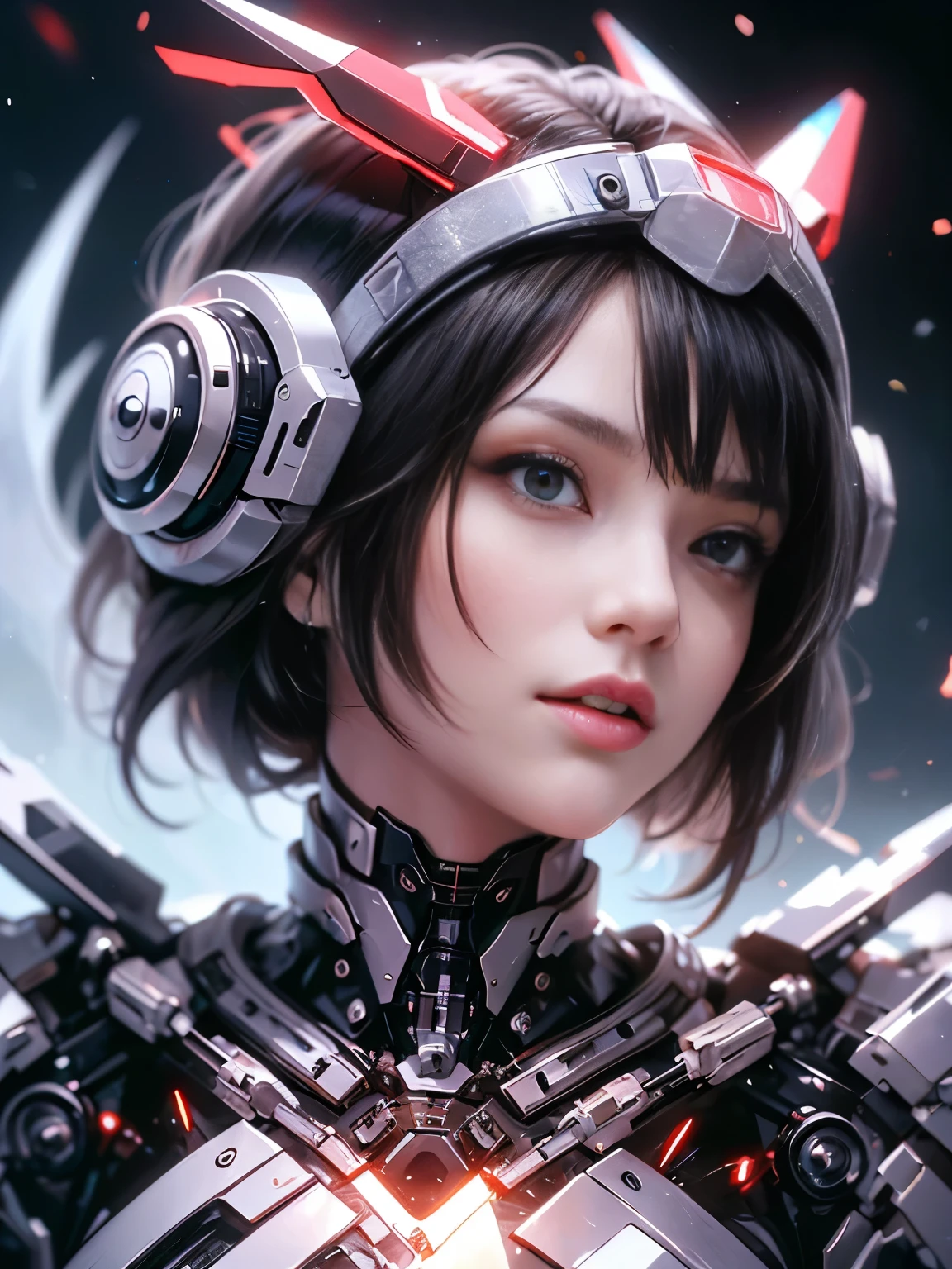 best image quality, excellent details, ultra high resolution, (realism: 1.4), best illustrations, Favor details, condensed 1girl, With a delicate and beautiful face, Dressed in a red and black mecha, wearing a mechanical full face-helmet, (upper body),(beautiful face and eyes),(short hair and black hair and brown eyes),double eyelid,delicate skin,slender body shape,alone,medium breasts,The background is a high-tech lighting scene of a futuristic city.