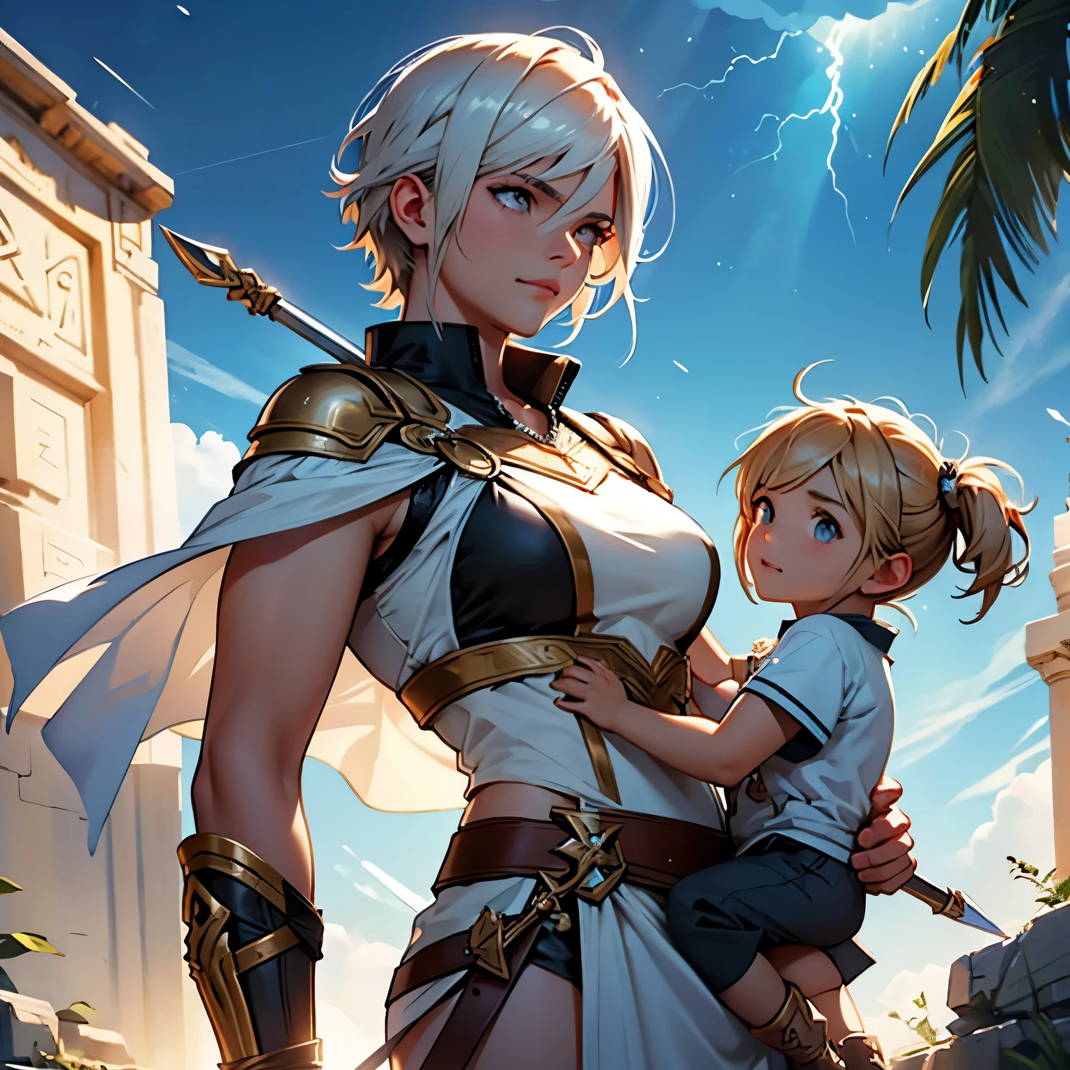 Demi-Goddess with short medium hair Daughter of Athena and Zeus,olhos brilhantes E inteligente,Has a lightning-shaped spear as a gift from his parent gods,Happy and sometimes serious,great warrior and strong