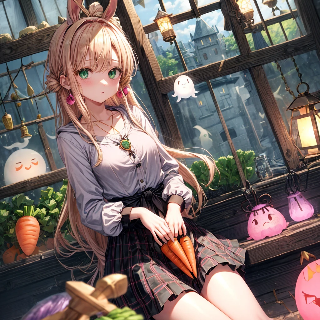 pink blonde、green eyes、one good looking girl、solo、anime、plaid mini skirt、the skirt has buttons、black camisole、black t-shirt、dress、wearing a ribbon、ribbon at waist、cloak、hood、clouds are swirling、stone slabs are piled up、one hand raised、crystal earrings、vegetable garden、monster castle、ceiling、golden key、jewelry necklace、Light and shadow、window、Hundreds of Ghosts at Night、lantern、sitting、legs crossed、mirror、Carrot、asparagus、tomato、green pepper、tunnel、Clock