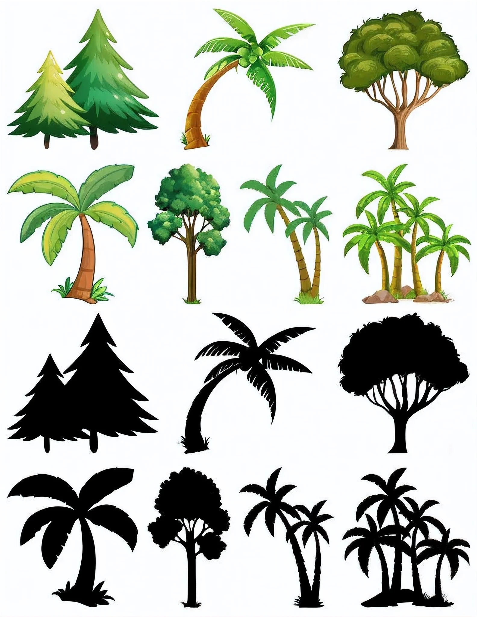 a set of different trees and plants on a white background, many trees and plants, plants and trees, trees and plants, tropical trees, exotic trees, some trees, detailed trees, trees and bushes, props containing trees, tree and plants, many trees, nature trees, some trees in the background, ultra detailed trees, cartoonish vector style, lots of trees