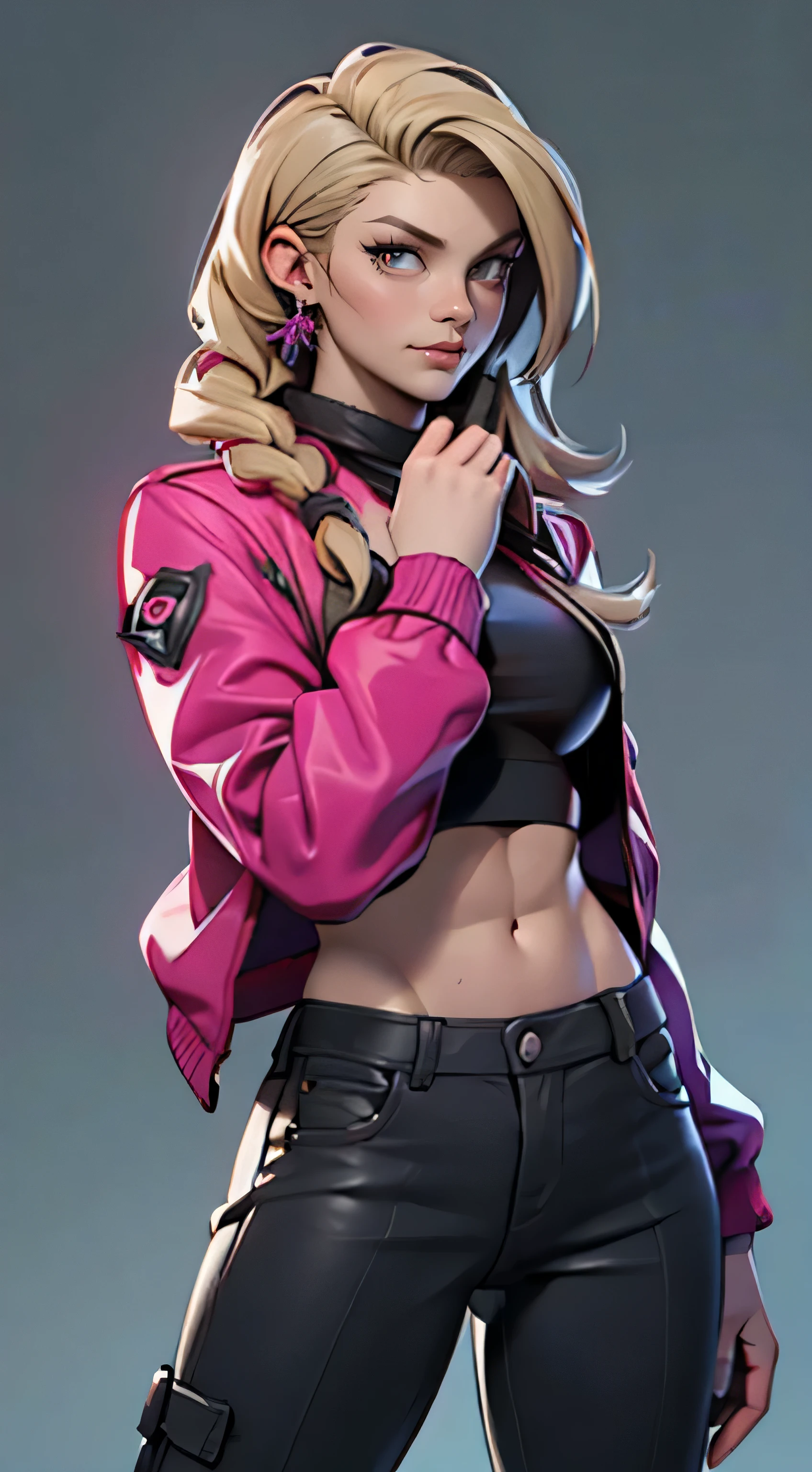 11:23(((best quality: 1.4))),(Unparalleled masterpiece), (ultra high definition),(Hyper-realistic 8K CG)、(wave),(One hand moves),(light hair),(Braids), ((( Body))), (((1 girl in))), 25-year-old American soldier with perfect Body,,Beautiful and well groomed face,muscular Body:1.2,Pure Purple with details,red,jacket, (Pictures from head to thighs), Complex equipment, Purple,trousers,The clothes inside are dark,Clothes with armored metal electronic parts, poison tattoo )