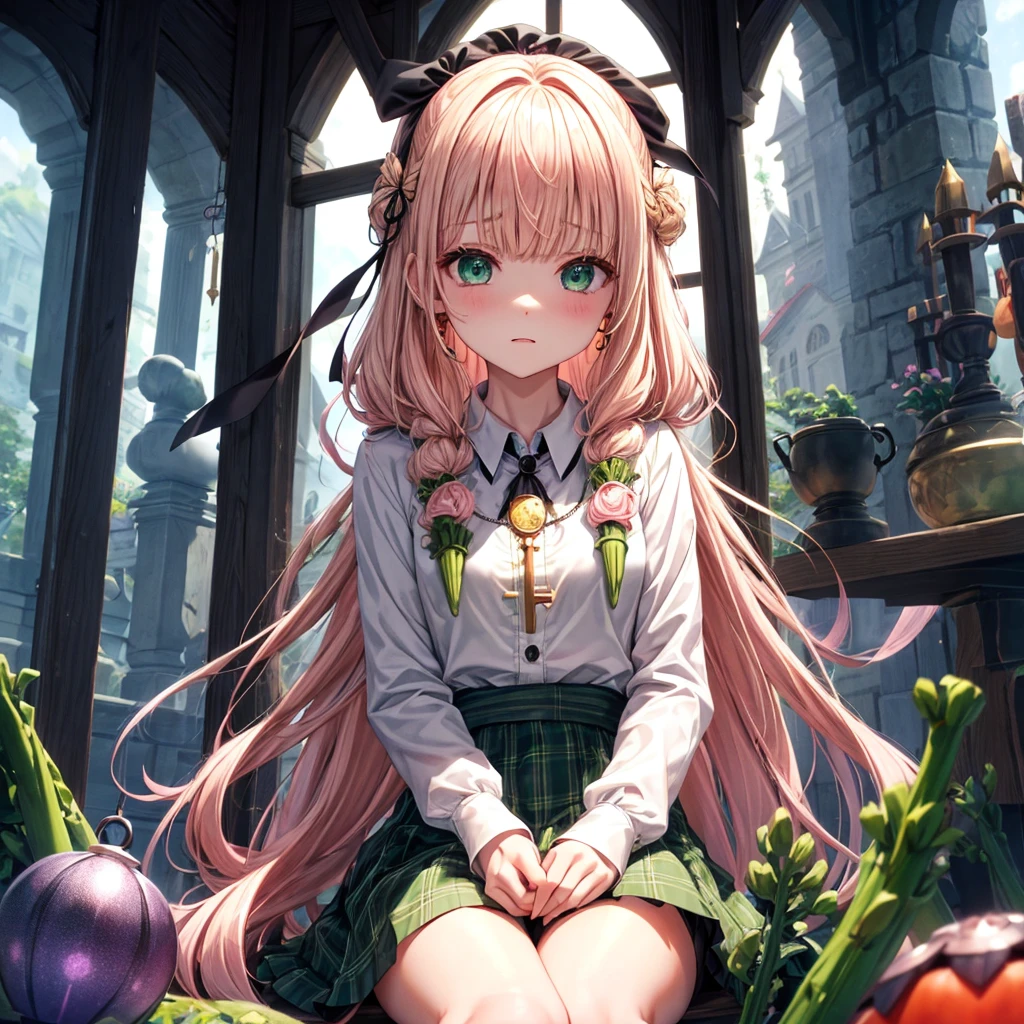 pink blonde、green eyes、one good looking girl、solo、anime、plaid mini skirt、the skirt has ons、black camisole、black t-shirt、dress、wearing a ribbon、ribbon at waist、cloak、hood、clouds are swirling、stone slabs are piled up、one hand raised、crystal earrings、vegetable garden、monster castle、ceiling、golden key、jewelry necklace、Light and shadow、window、Hundreds of Ghosts at Night、lantern、sitting、legs crossed、mirror、Carrot、asparagus、tomato、green pepper、tunnel、Clock