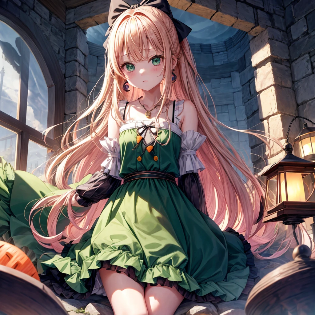 pink blonde、green eyes、one good looking girl、solo、anime、plaid mini skirt、the skirt has buttons、black camisole、black t-shirt、dress、wearing a ribbon、ribbon at waist、cloak、hood、clouds are swirling、stone slabs are piled up、one hand raised、crystal earrings、vegetable garden、monster castle、ceiling、golden key、jewelry necklace、Light and shadow、window、Hundreds of Ghosts at Night、lantern、sitting、legs crossed、mirror、Carrot、asparagus、tomato、green pepper、tunnel、Clock