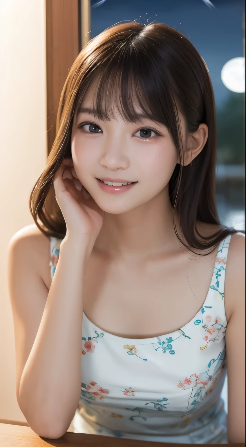 table top, highest quality, 8k, , teen, RAW photo, absurd, award-winning portraits, smile, alone, (night:1.8), idol face, violaces, delicate girl, Upper body, Digital single-lens reflex camera, looking at the viewer, Frank, Sophisticated,thin arms, professional lighting, film grain, chromatic aberration, (Eye and face details:1.0), (Bokeh:1.1) , (qipao dress:1.1) , close your mouth