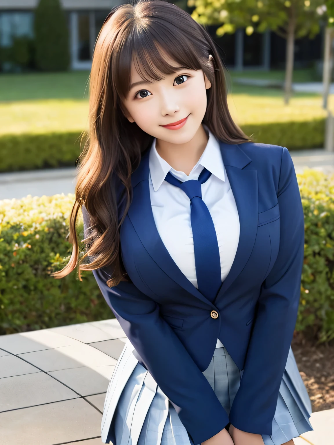 8k, highest quality, real image, intricate details, Super detailed, ultra high resolution, depth field,(realistic,realistic:1.2), from the middle, 1 Japanese girl, very beautiful 17 year old girl, Big eyes, beautiful breasts:1.5、highly detailed eyes:1.2), (beautiful breasts:1.1), (small breasts:1.2), wavy hair、curly hair、bangs, perfect skin, Fair skin, huge hips, thick thighs, thick legs, cleavage, tight waist, light blush, alone, looking at the viewer, (smile:1.4), (Happy:1.2), (School_uniform),(dark blue blazer), (white shirt、wear a tie), (gray pleated skirt), (sculpture installation :1.1), break (closed mouth:1.3)