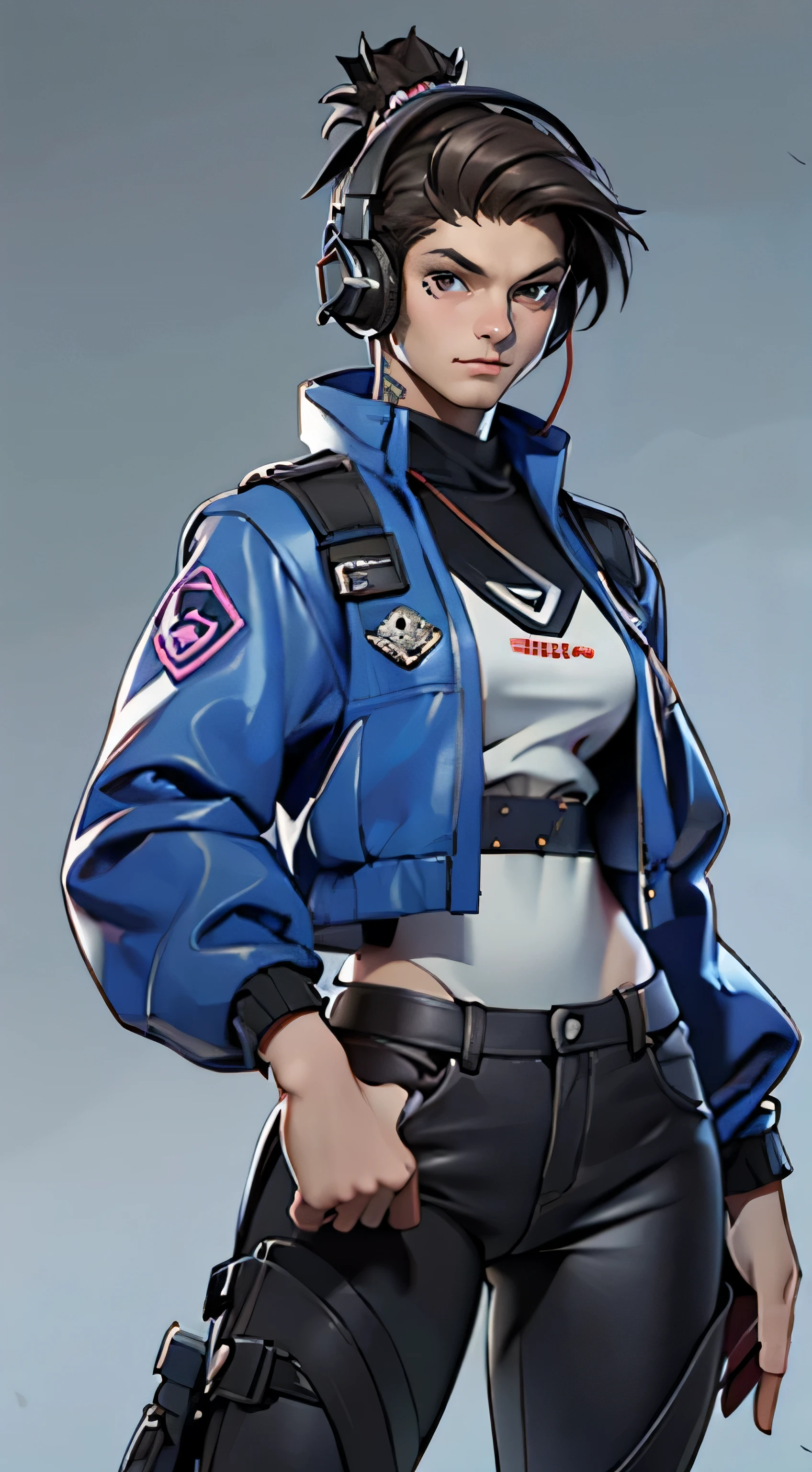 11:23(((best quality: 1.4))),(Unparalleled masterpiece), (ultra high definition),(Hyper-realistic 8K CG)、（one hand action），（dark hair），Headphone equipment，（girl）， ((( Body))), (((1 girl in))), 25-year-old American soldier with perfect Body,,Beautiful and well groomed face,muscular Body:1.2,Solid color jeweled jacket with details, (Pictures from head to thighs)， Complex equipment, Purple，trousers，The clothes inside are orange and blue，Clothes with armored metal electronic parts, poison tattoo )